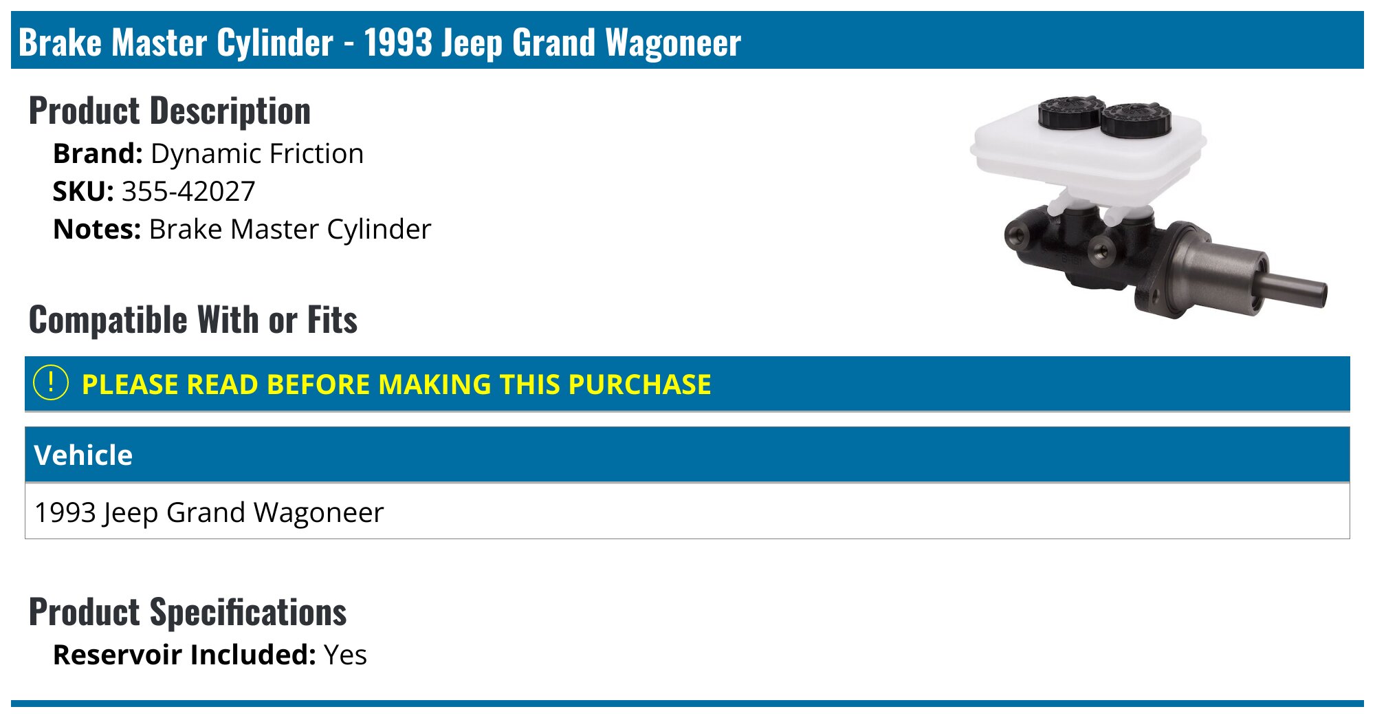 1993 Jeep Grand Wagoneer Brake Master Cylinder Dynamic Friction 35542027