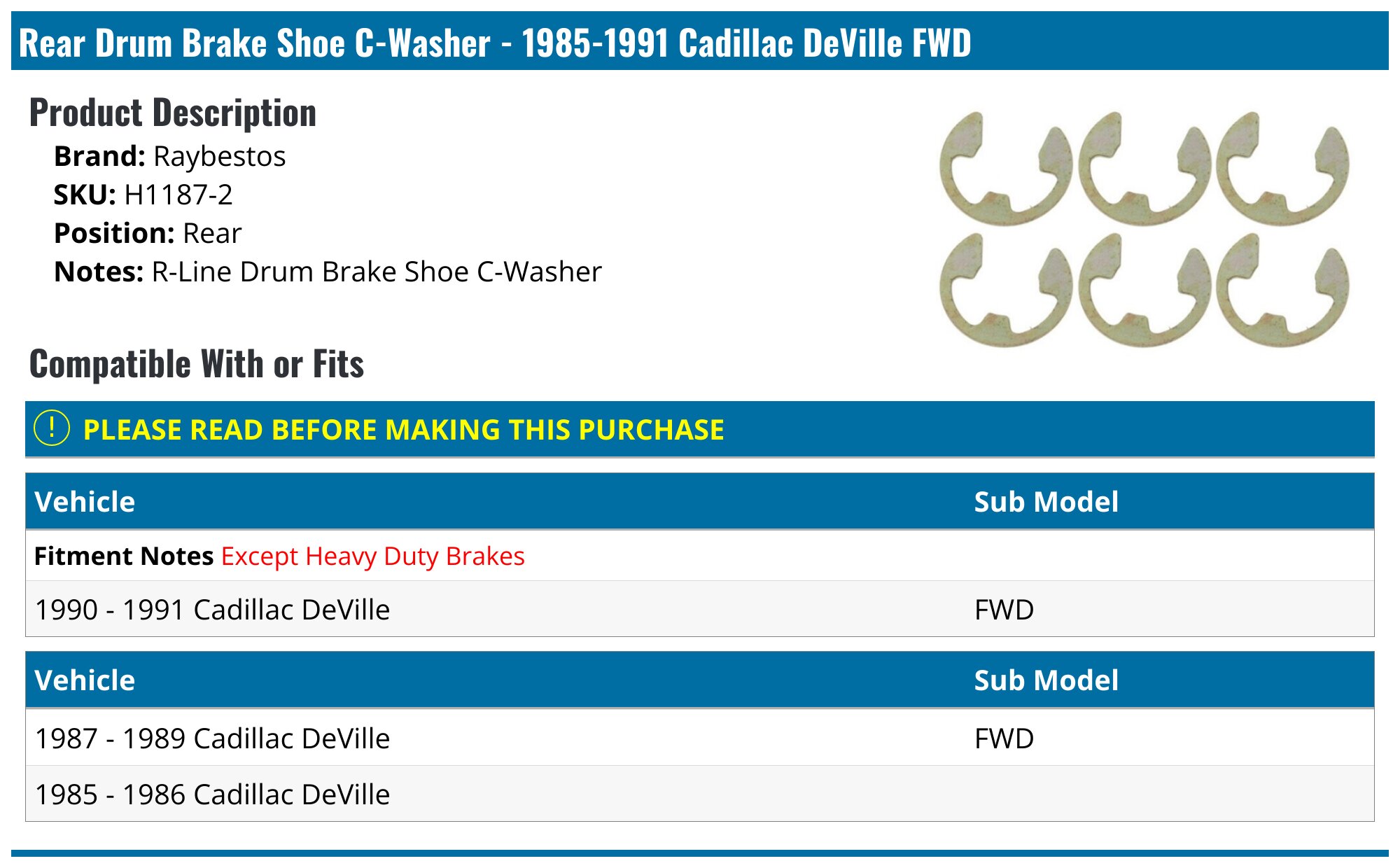 19851991 Cadillac DeVille Drum Brake Shoe CWasher Raybestos H11872