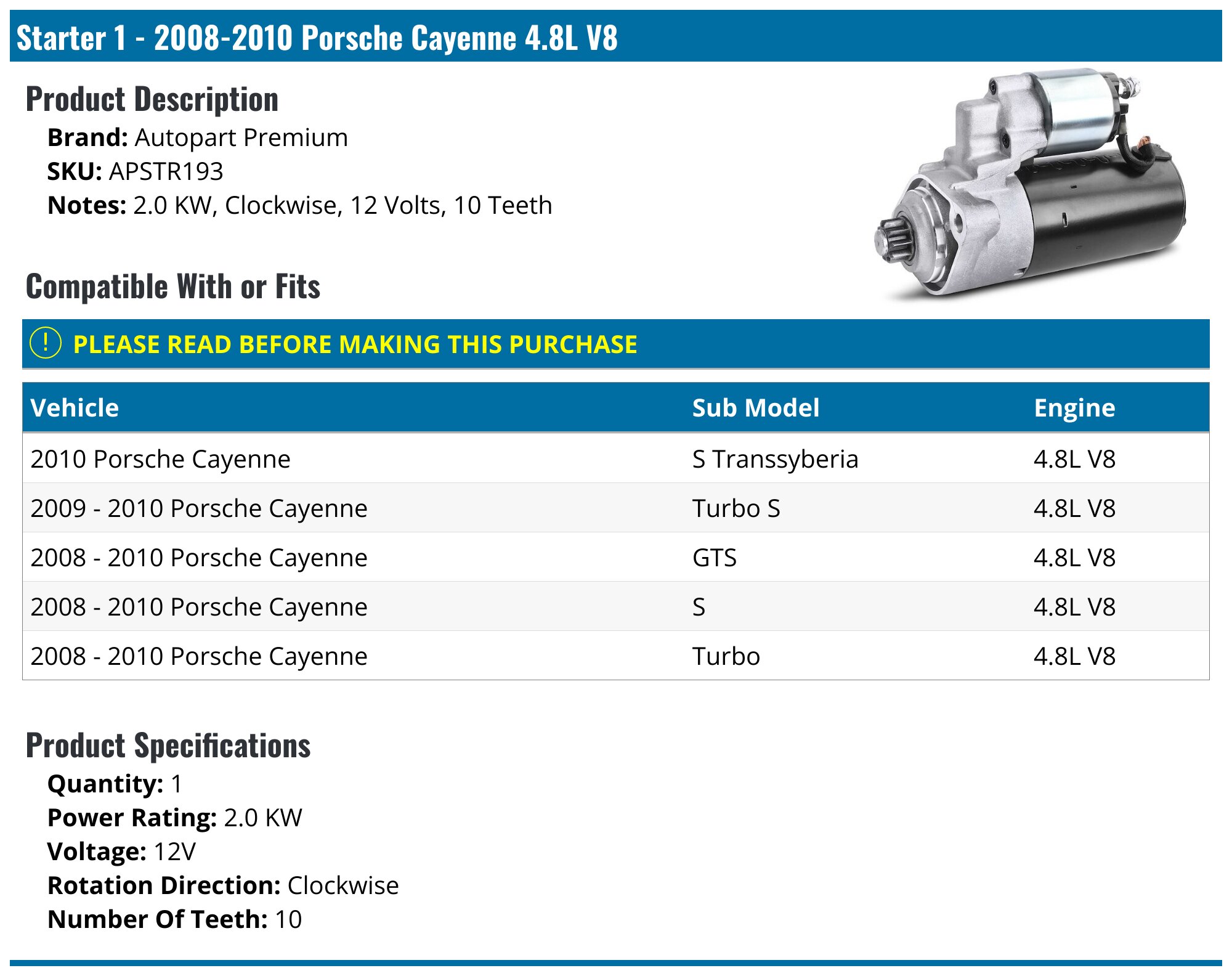 Starter Motor For Porsche Cayenne 2008-2010 V8 4.8L – 2.0KW, 12V, 10-Tooth (Clockwise)