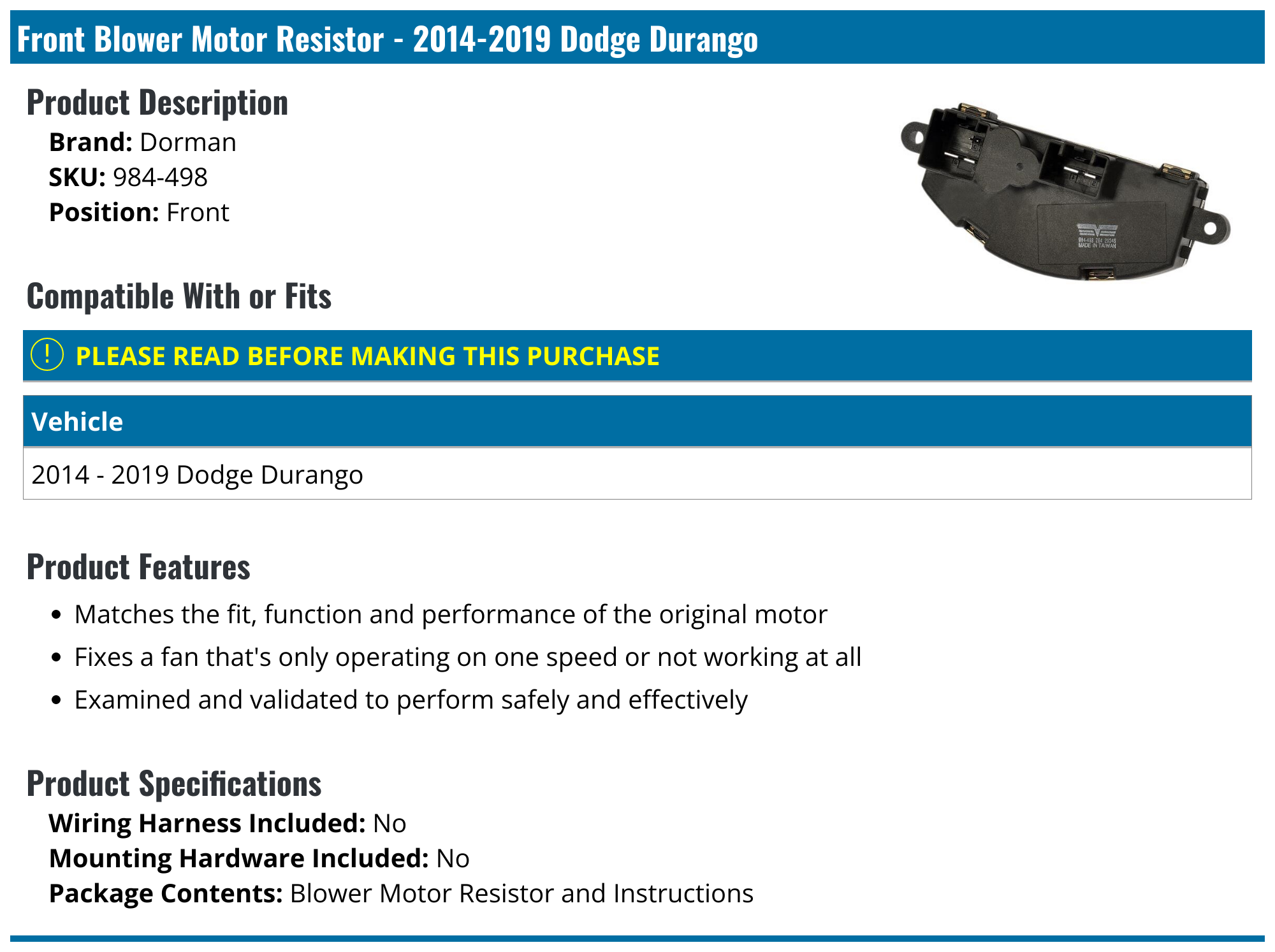 20142023 Dodge Durango Blower Motor Resistor Dorman 984498 Front