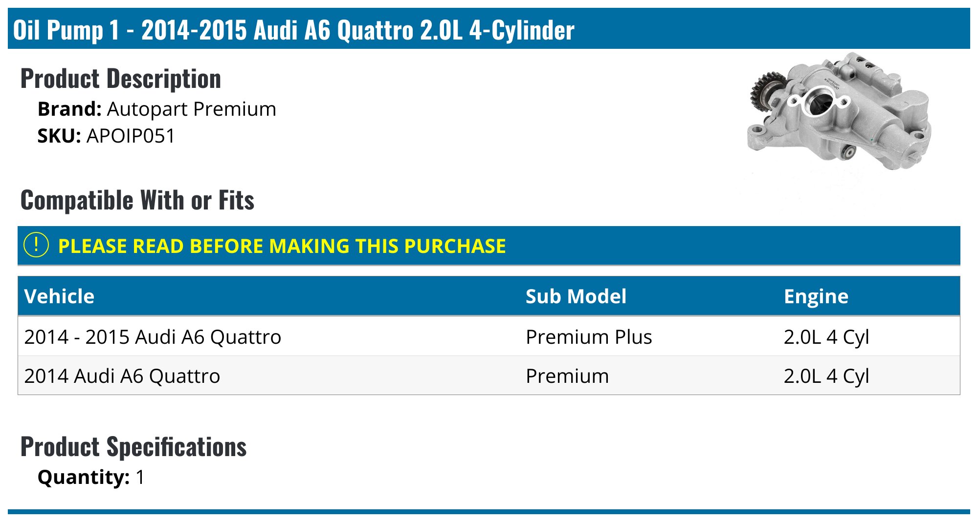 Engine Oil Pump For Audi A4 A5 A6 Q5 TT Quattro 2011–2015 2.0L L4 DOHC – 06H115105AF