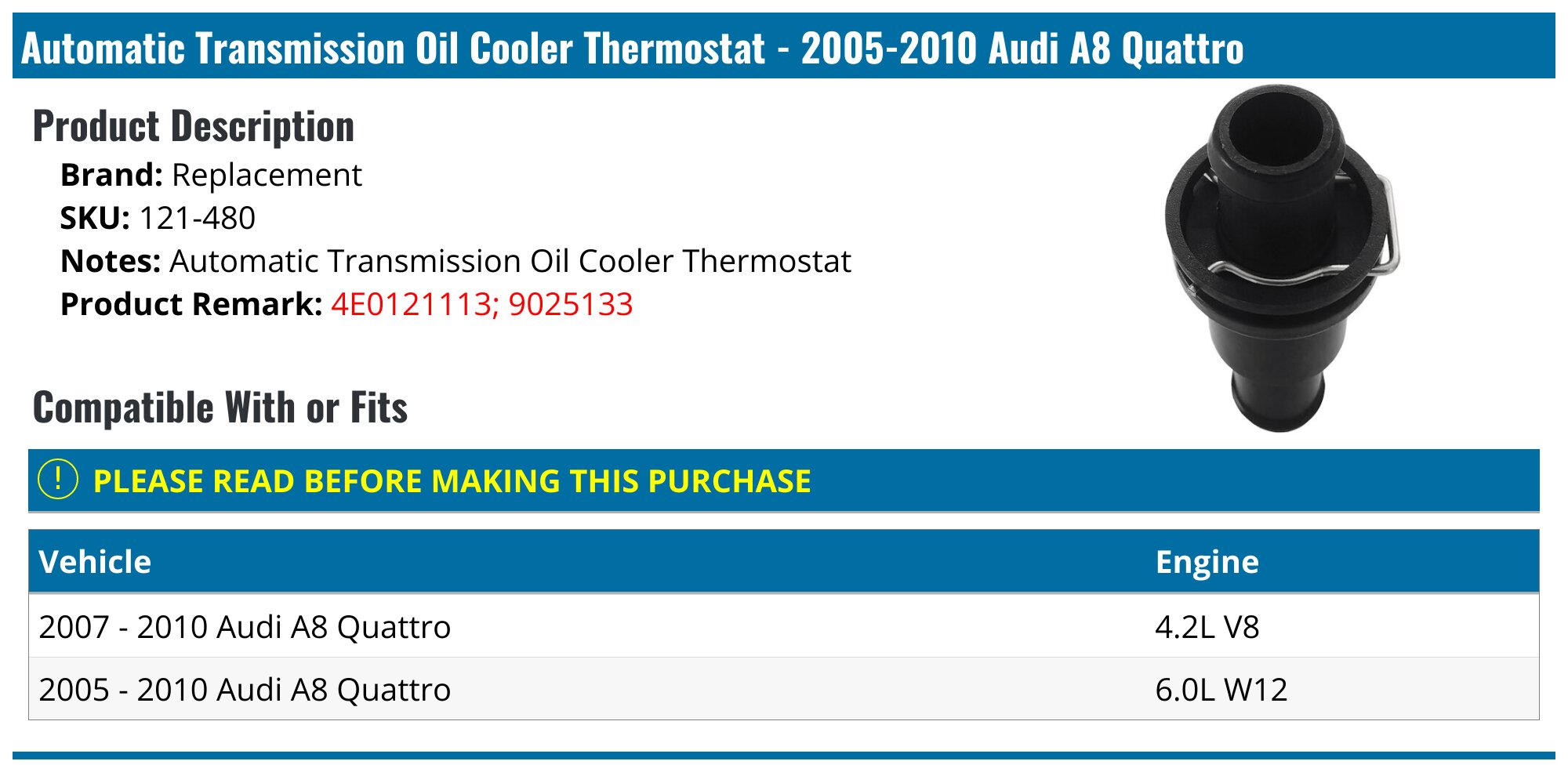 2005-2010 Audi A8 Quattro Automatic Transmission Oil Cooler Thermostat ...