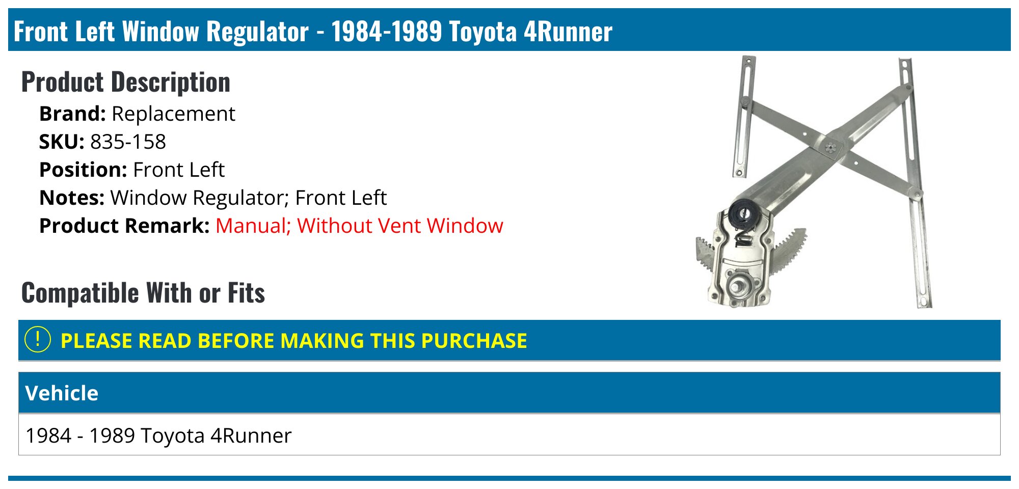 Dorman 740-356 Window Regulator; Rear Left - Lexus, Toyota | 11R129 6980333030 69803AA020 6980433030