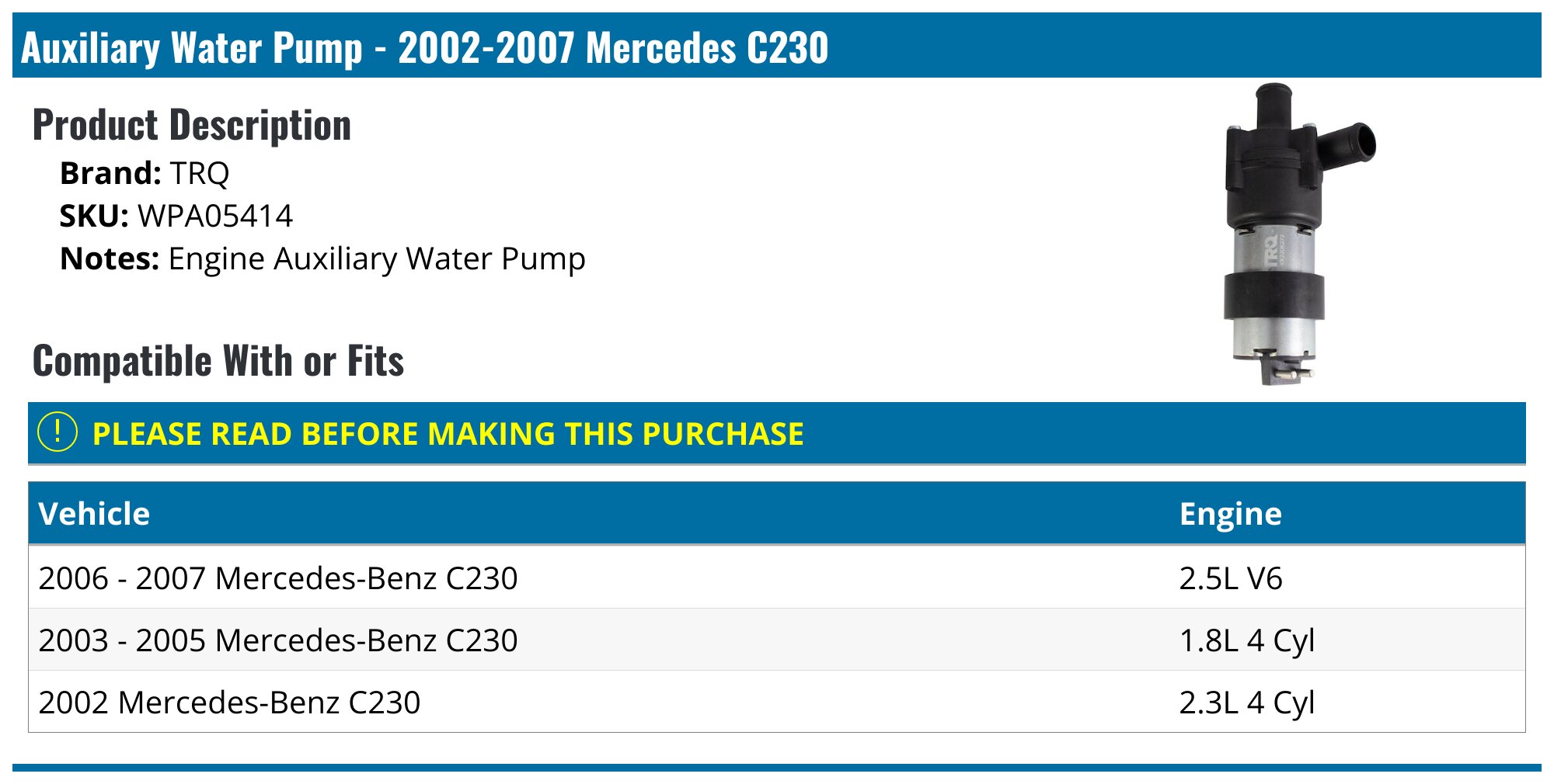 Engine Water Pump For Mercedes-Benz W202 C220 (1994-96) & C230 (1997-98) – 2.3L L4
