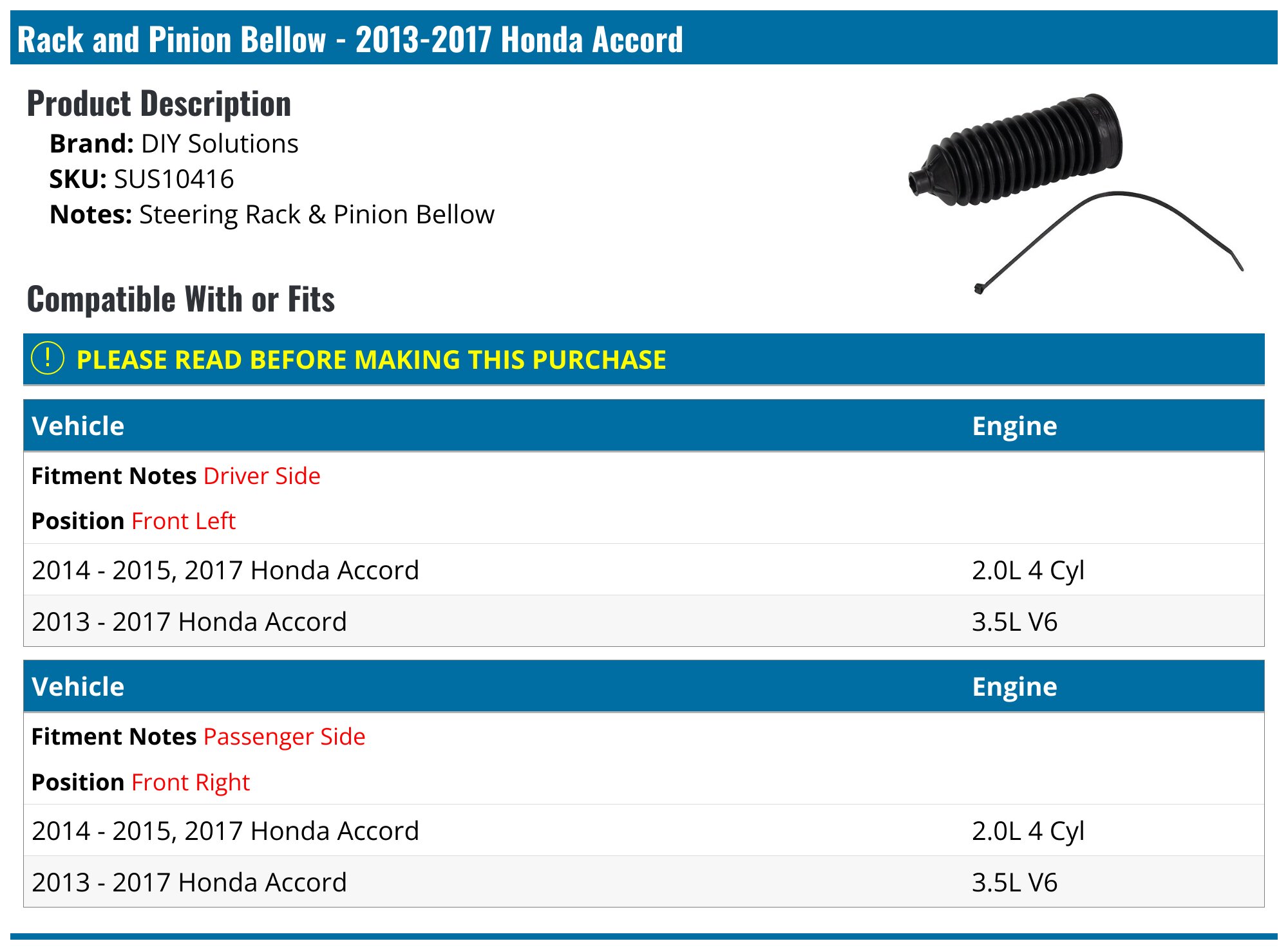 20132017 Honda Accord Rack and Pinion Bellow DIY Solutions SUS10416