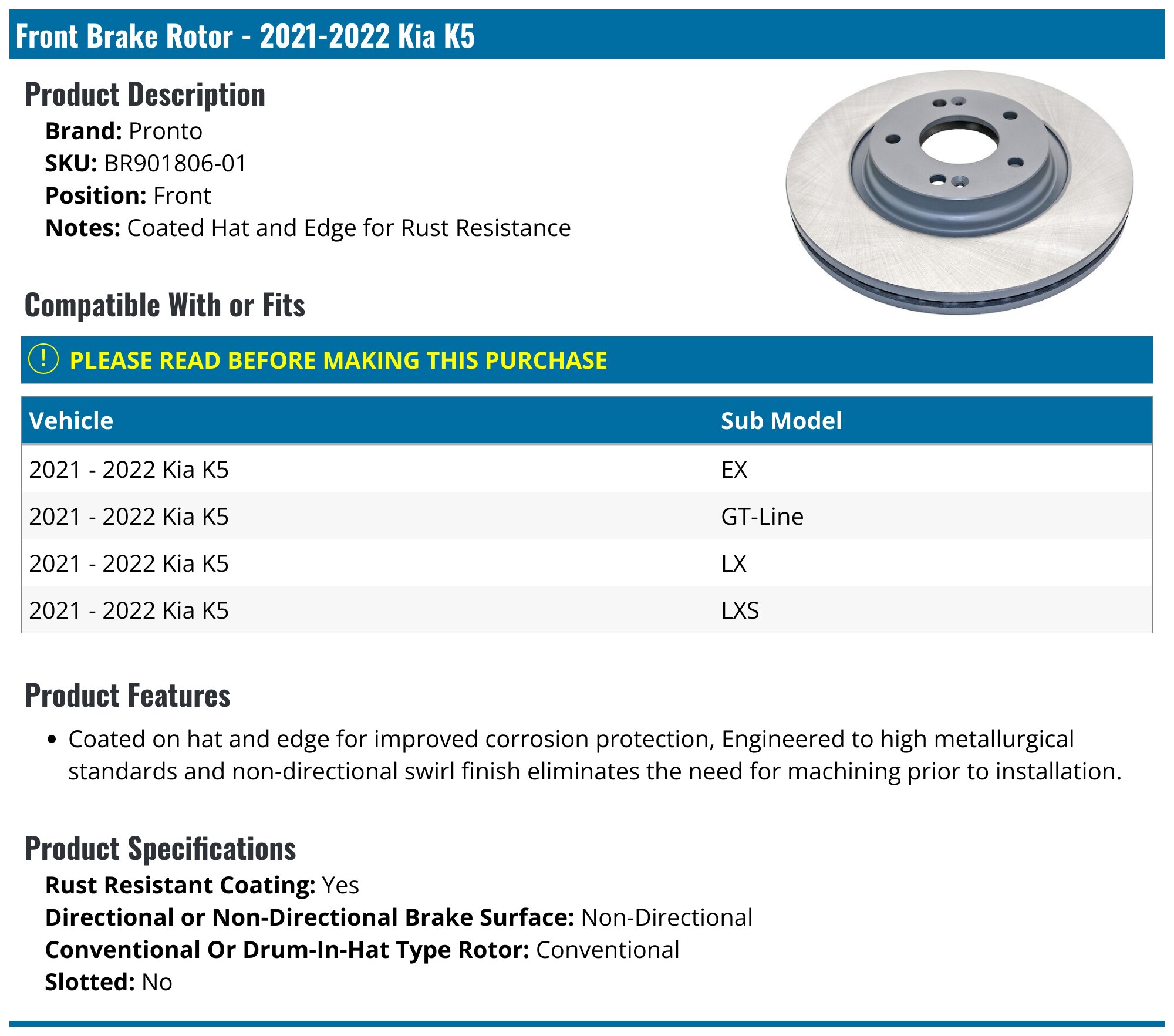Wagner Front Disc Brake Rotor BD181184E - Replacement For Kia Carnival, OE-Style Design
