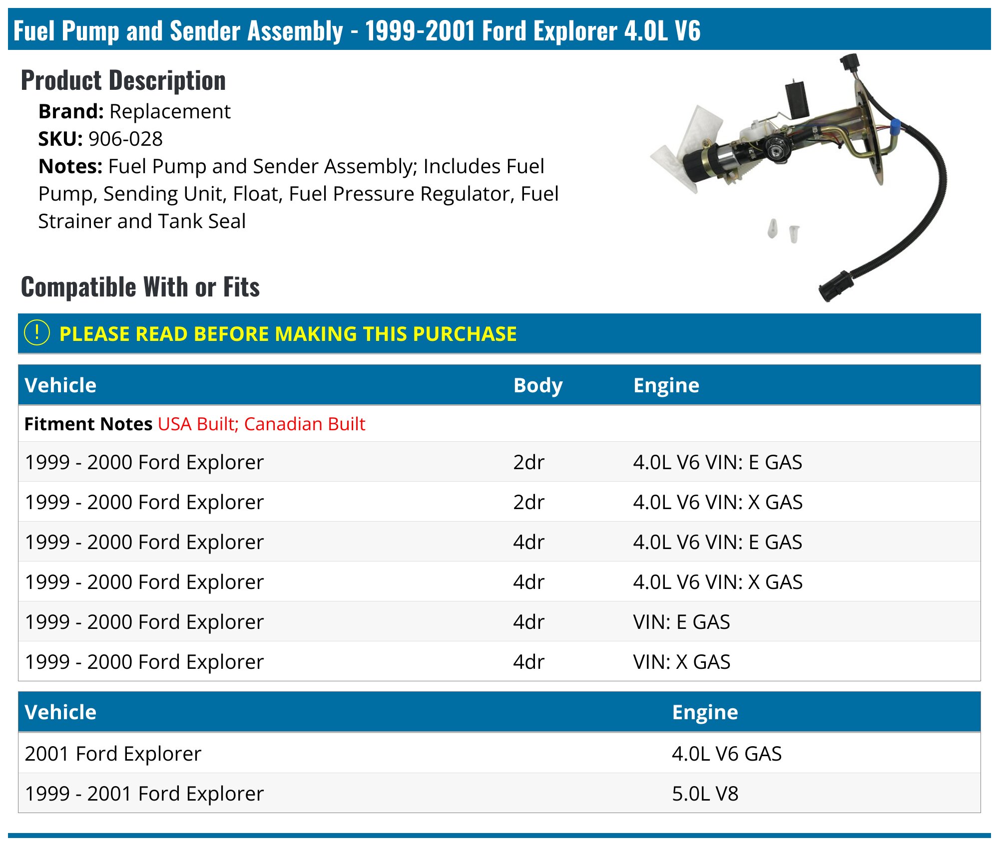 ECCPP Fuel Pump Assembly HK17010901CP – Ford Explorer V6 4.0L 1995-2000 – E2190S