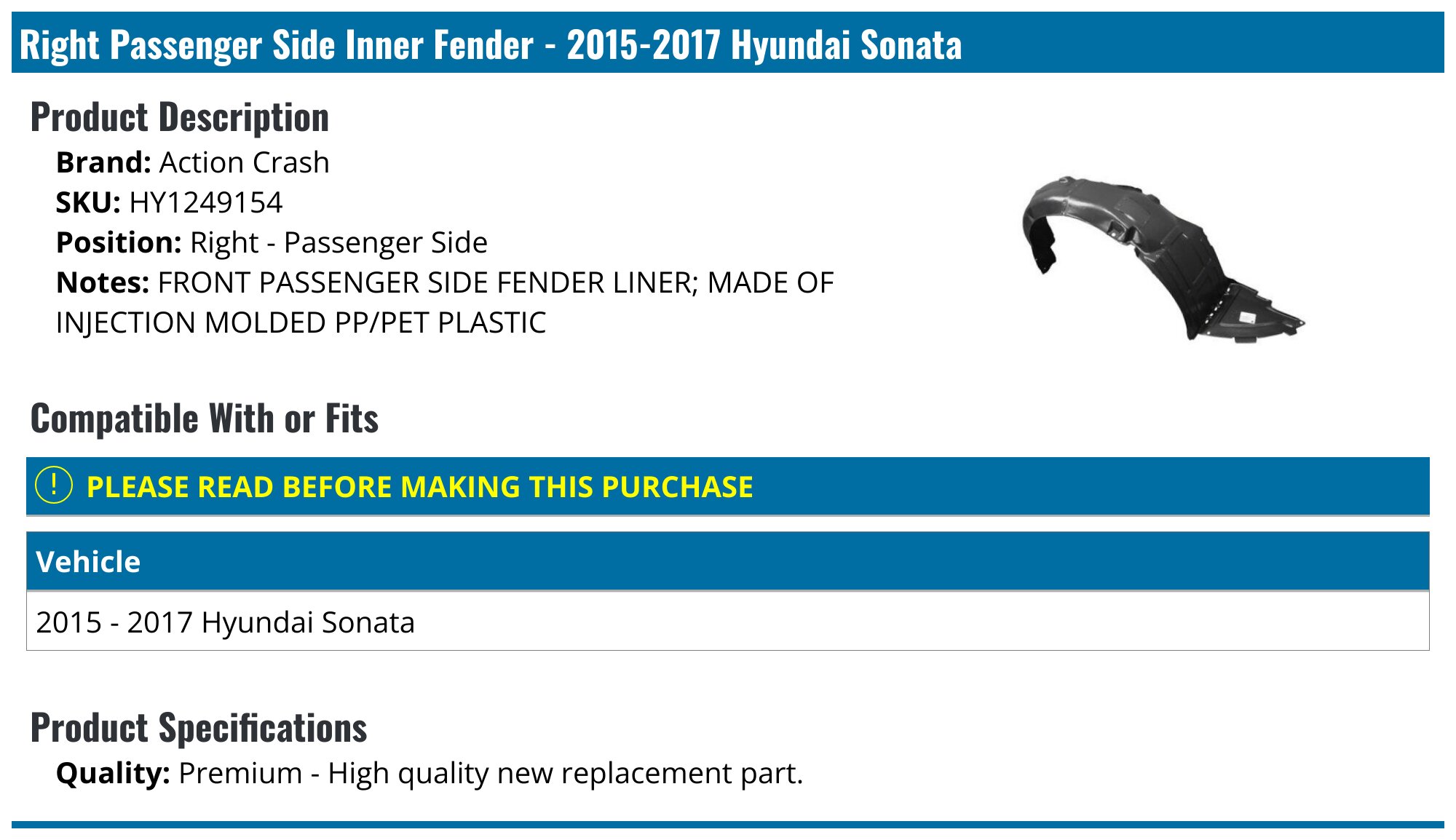 2015-2017 Hyundai Sonata Non-Hybrid Driver Side Fender - HY1240161 - Partify - Foto 8