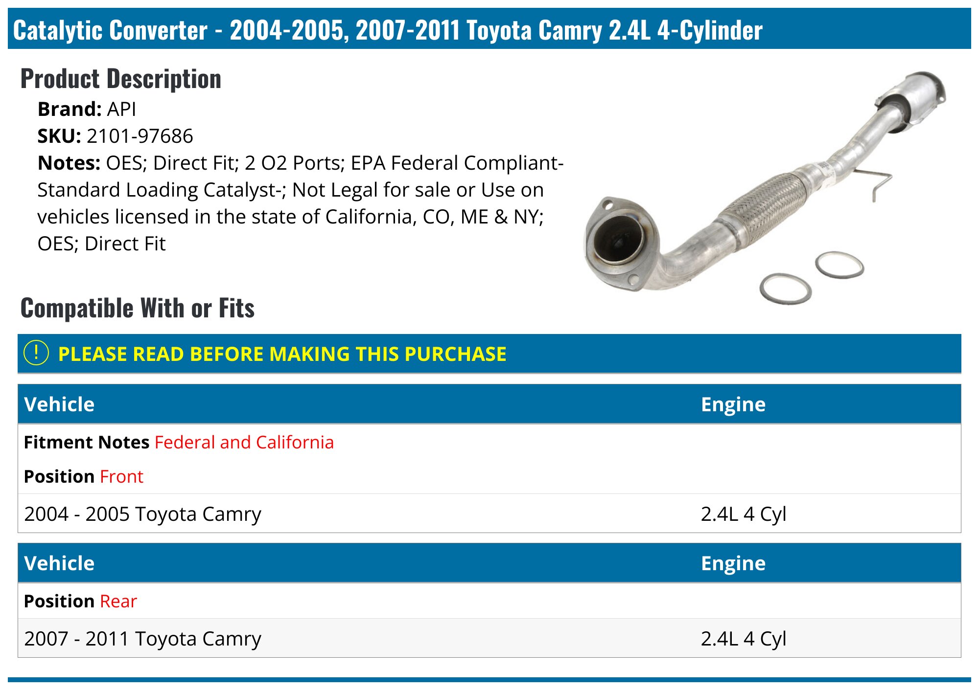 Catalytic Converter For V6 Eng 2002-2006 Toyota Camry 04-08