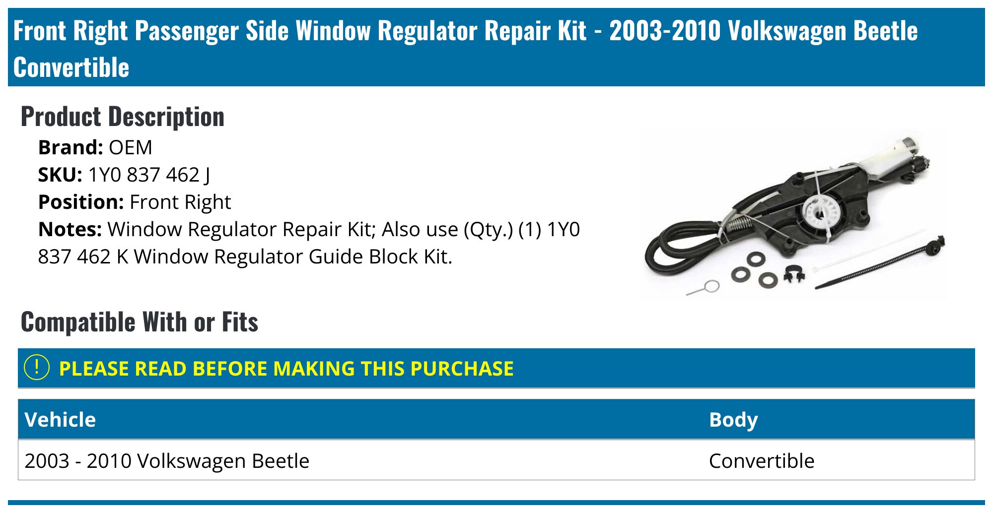 Four Window Regulator Repair Kit For VW Beetle Convertible 2003-2010 – Electric