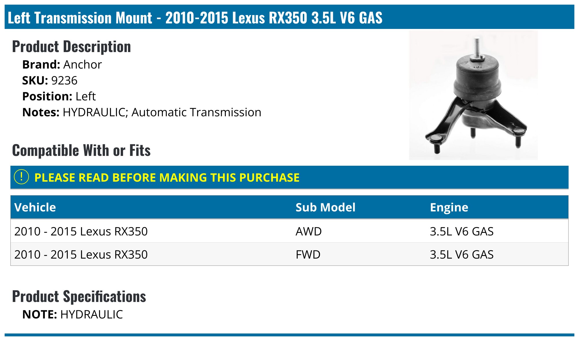 Lexus IS250 IS350 (AWD) (2006-2013) OEM TRANSMISSION MOUNT Insulator 12371-31082