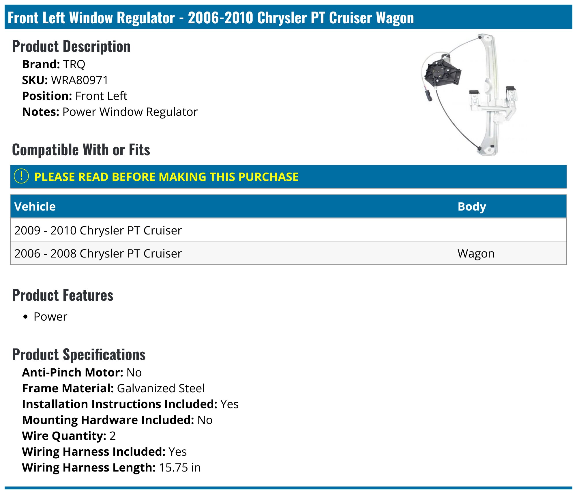 For Chrysler PT Cruiser 2006-2010 Front Left or Right Power