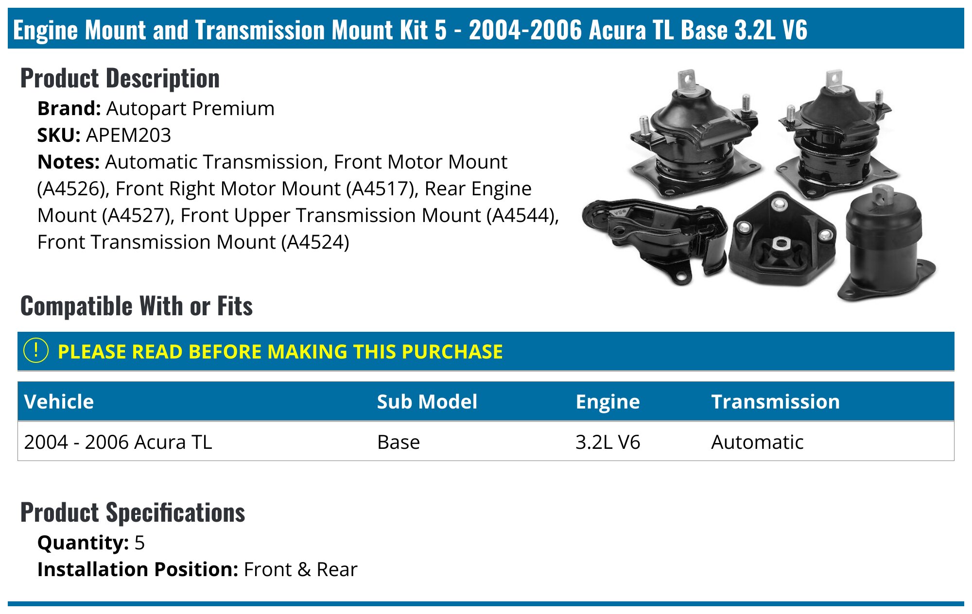 20042006 Acura TL Engine Mount Autopart Premium APEM203