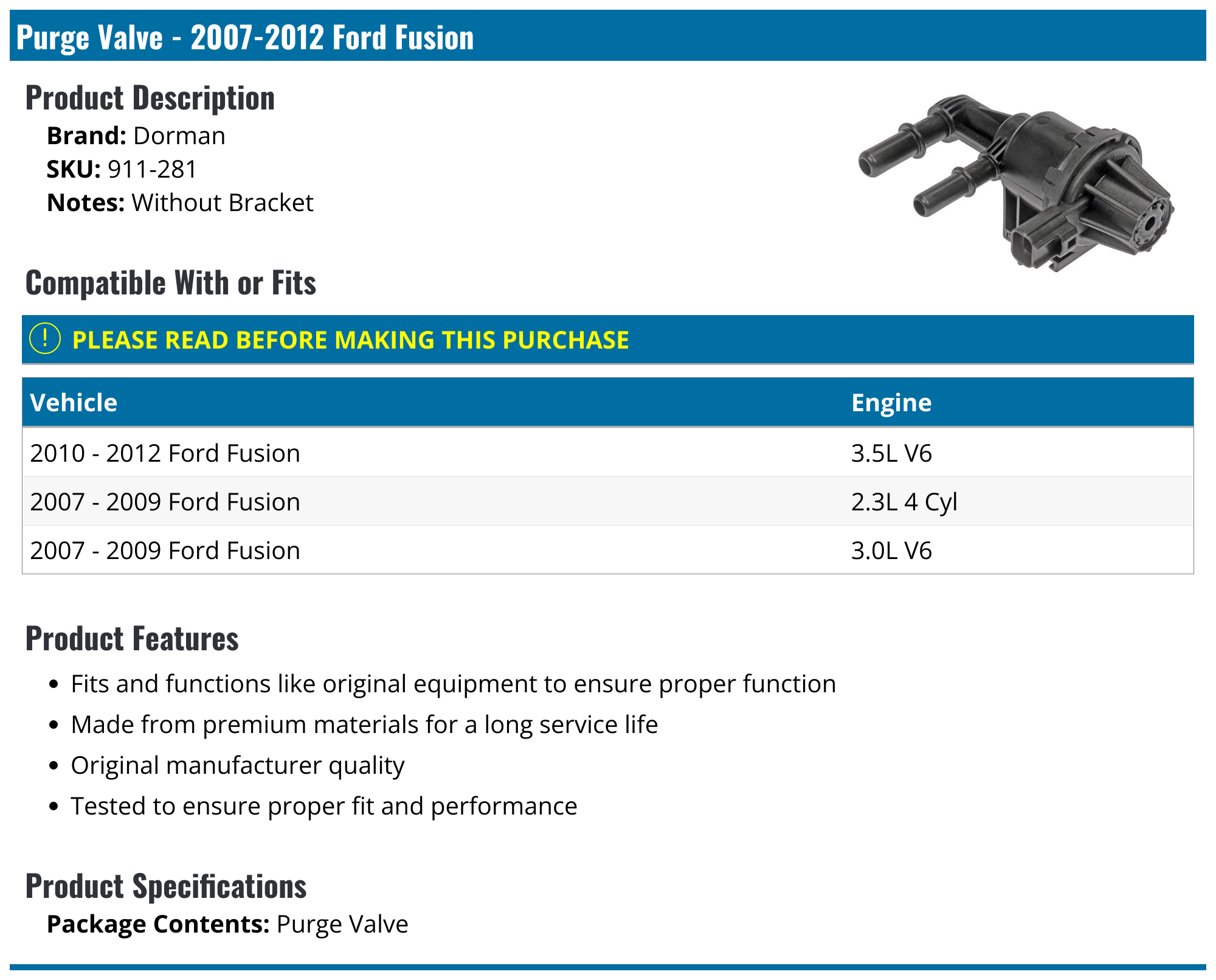 20072012 Ford Fusion Purge Valve Dorman 911281