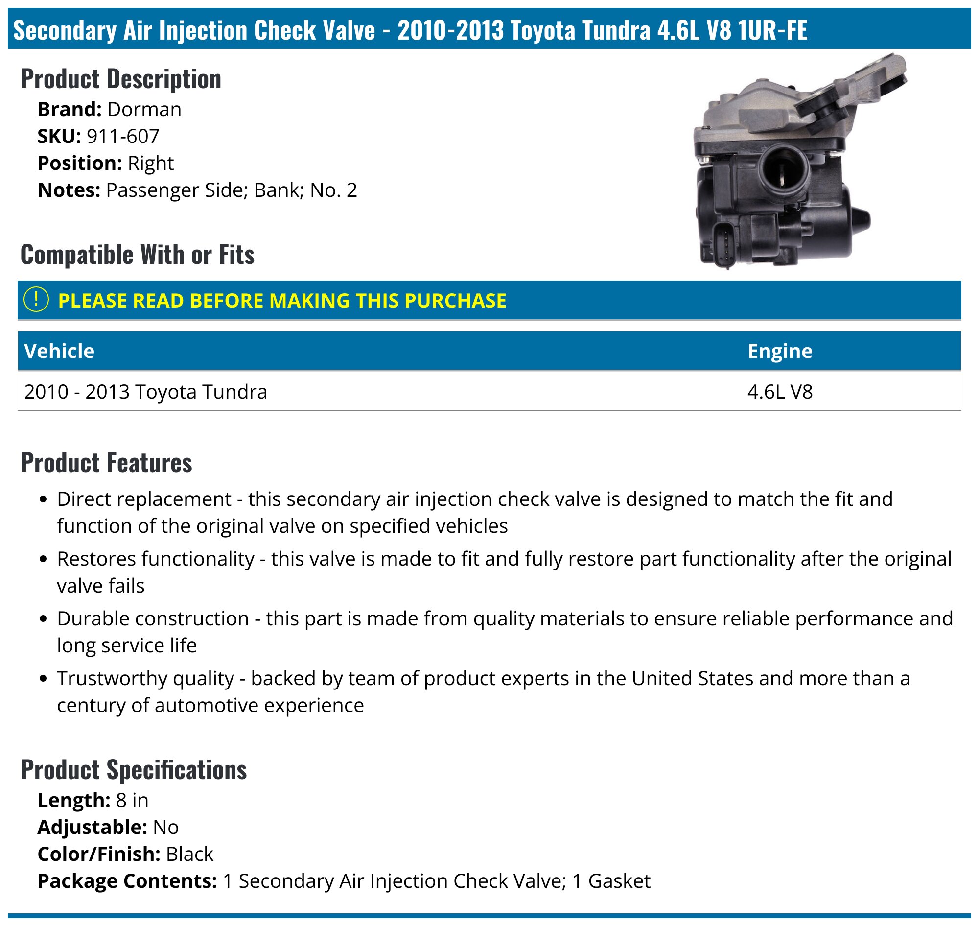 2010-2013 Toyota Tundra Air Pump Check Valve - Dorman 911-607 - Right