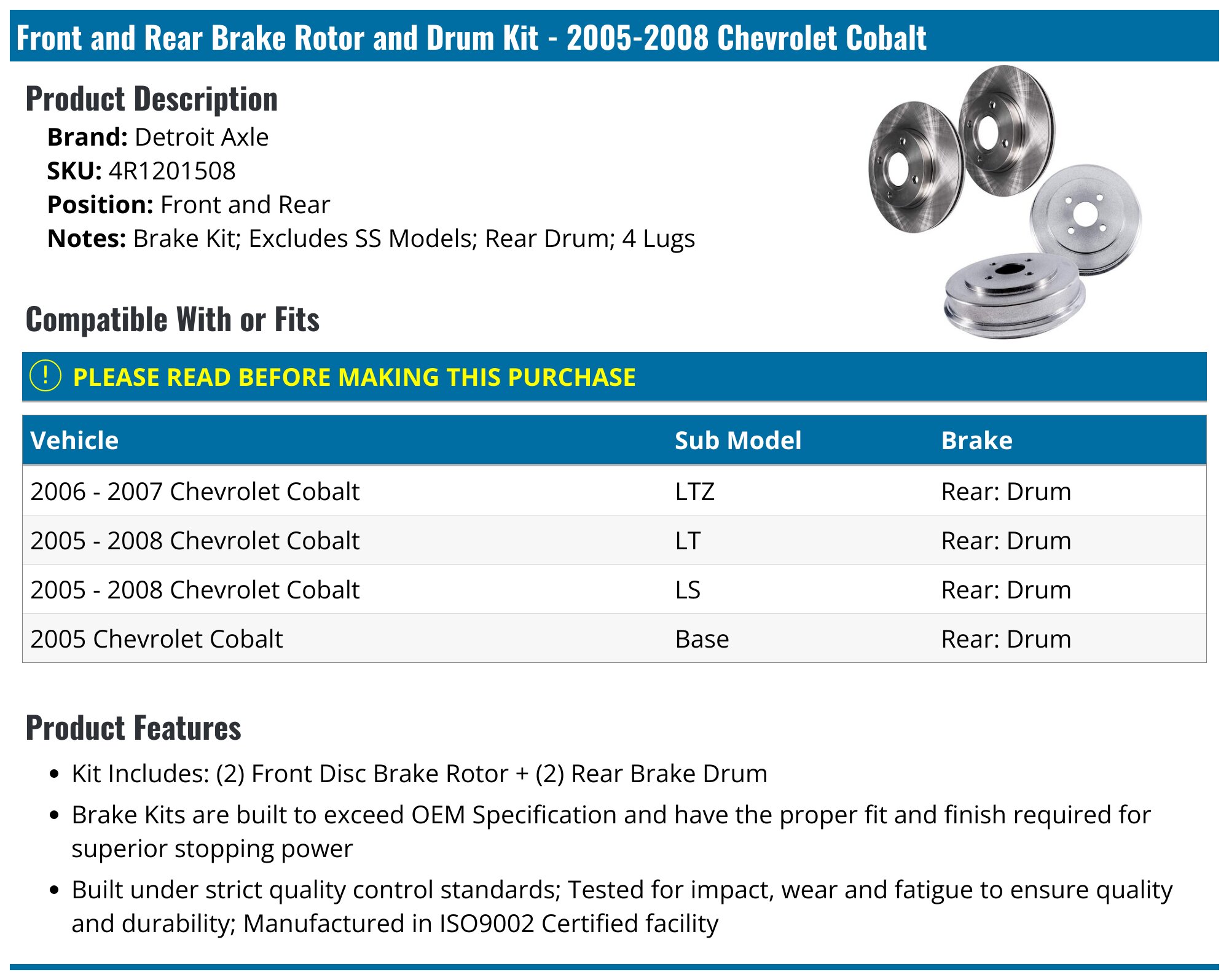 2005-2008 Chevrolet Cobalt Brake Rotor - Detroit Axle 4R1201508 - Front ...