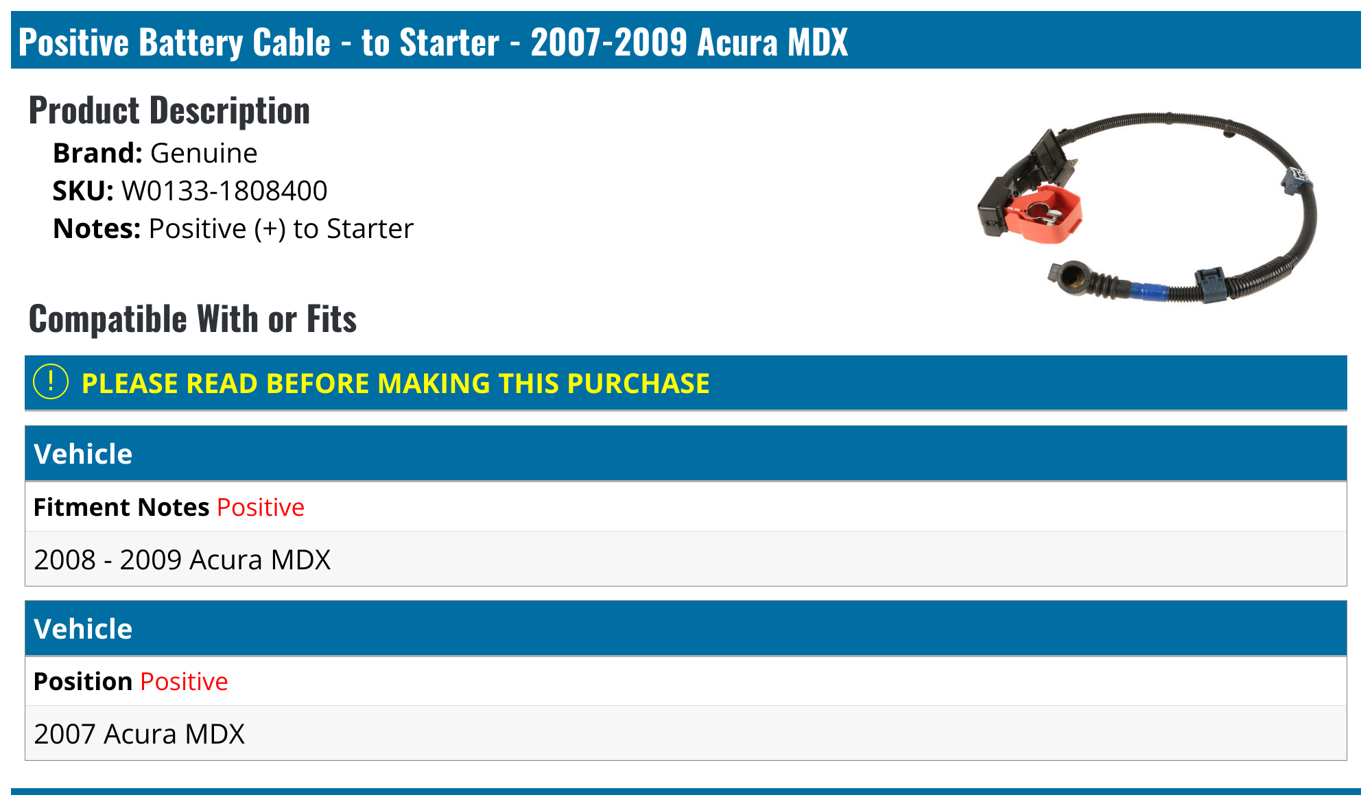 Acura Battery Cable | TL MDX Integra TSX - 2005 2008 2006 2004, image size:2000x1175
