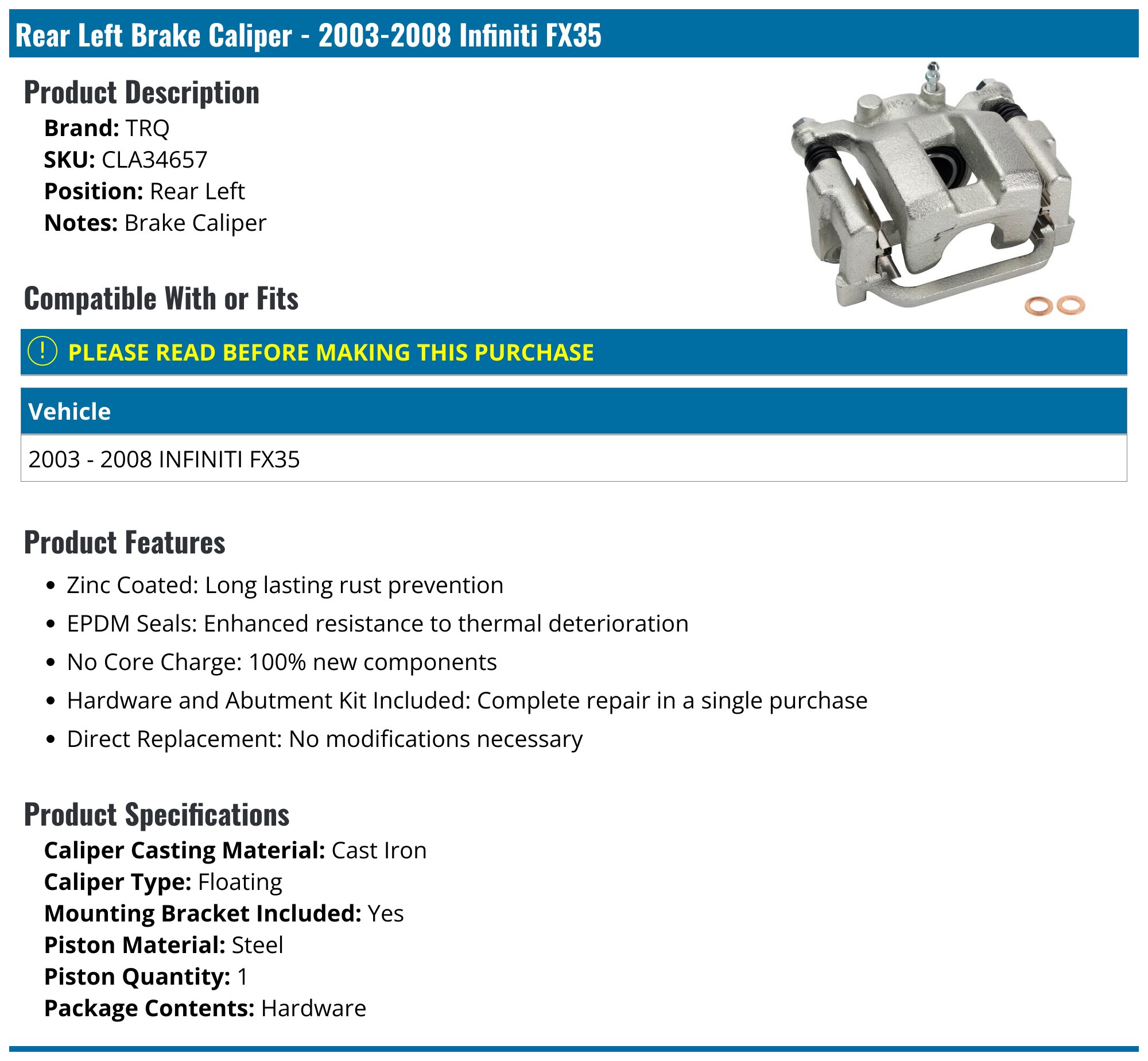 Pair Rear Brake Calipers With Brackets For Infiniti FX35 FX45 2003-2008 - Left & Right - Direct Fit