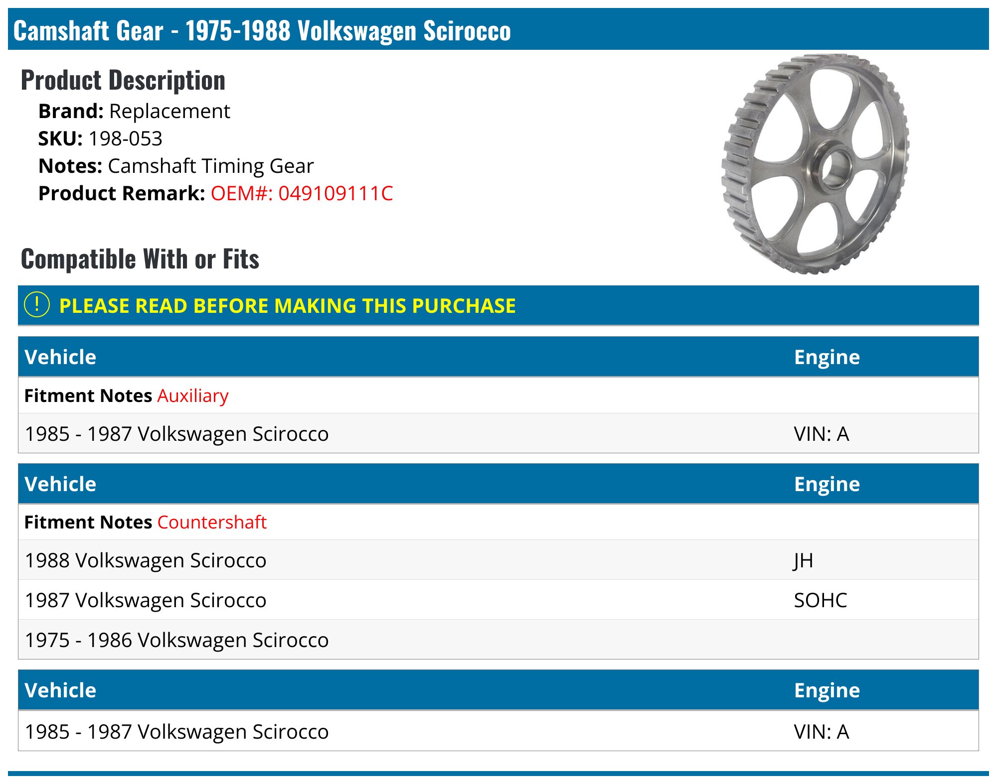 19751988 Volkswagen Scirocco Camshaft Gear Replacement 198053