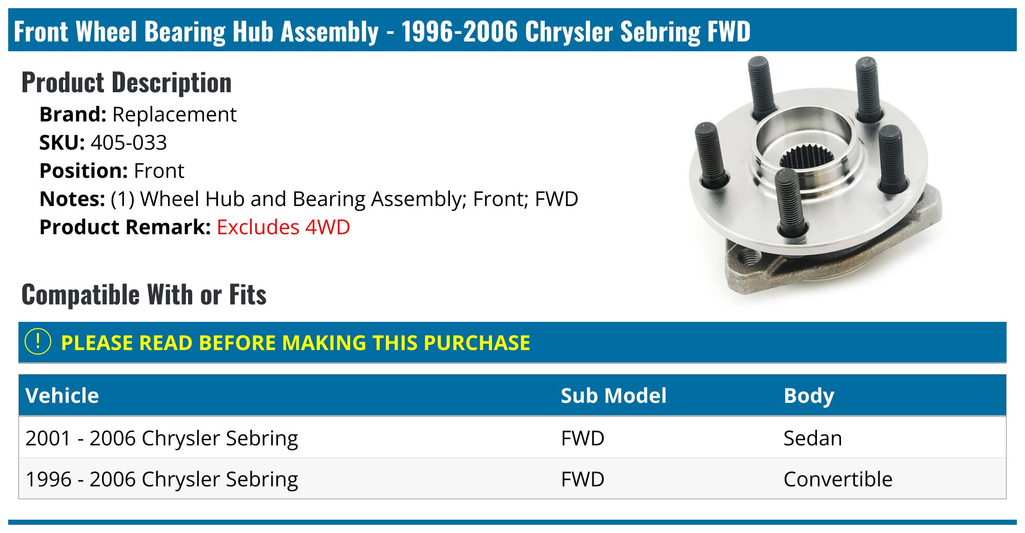 Replacing Wheel Hub / Bearing Assembly - * Chrysler Sebring Replacing Wheel Hub / Bearing Assembly - * Chrysler Sebring