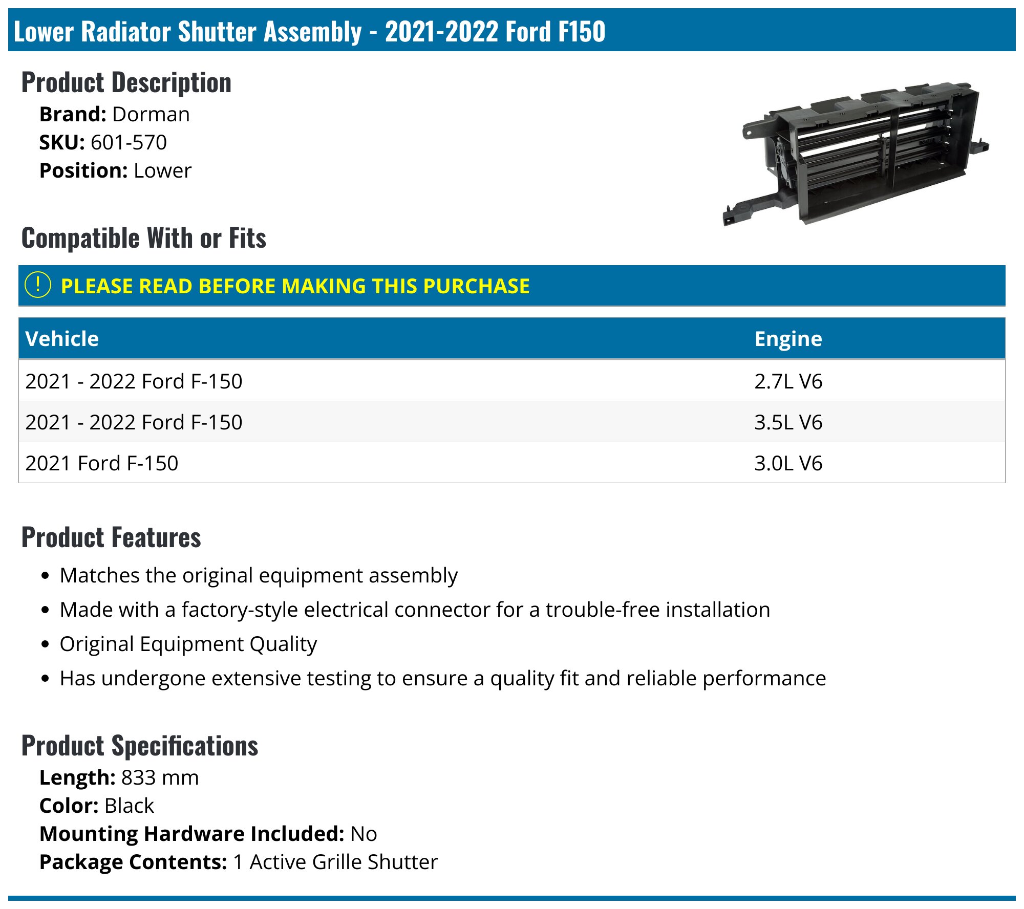 2021-2023 Ford F150 Radiator Shutter Assembly - Dorman 601-570 - Lower ...
