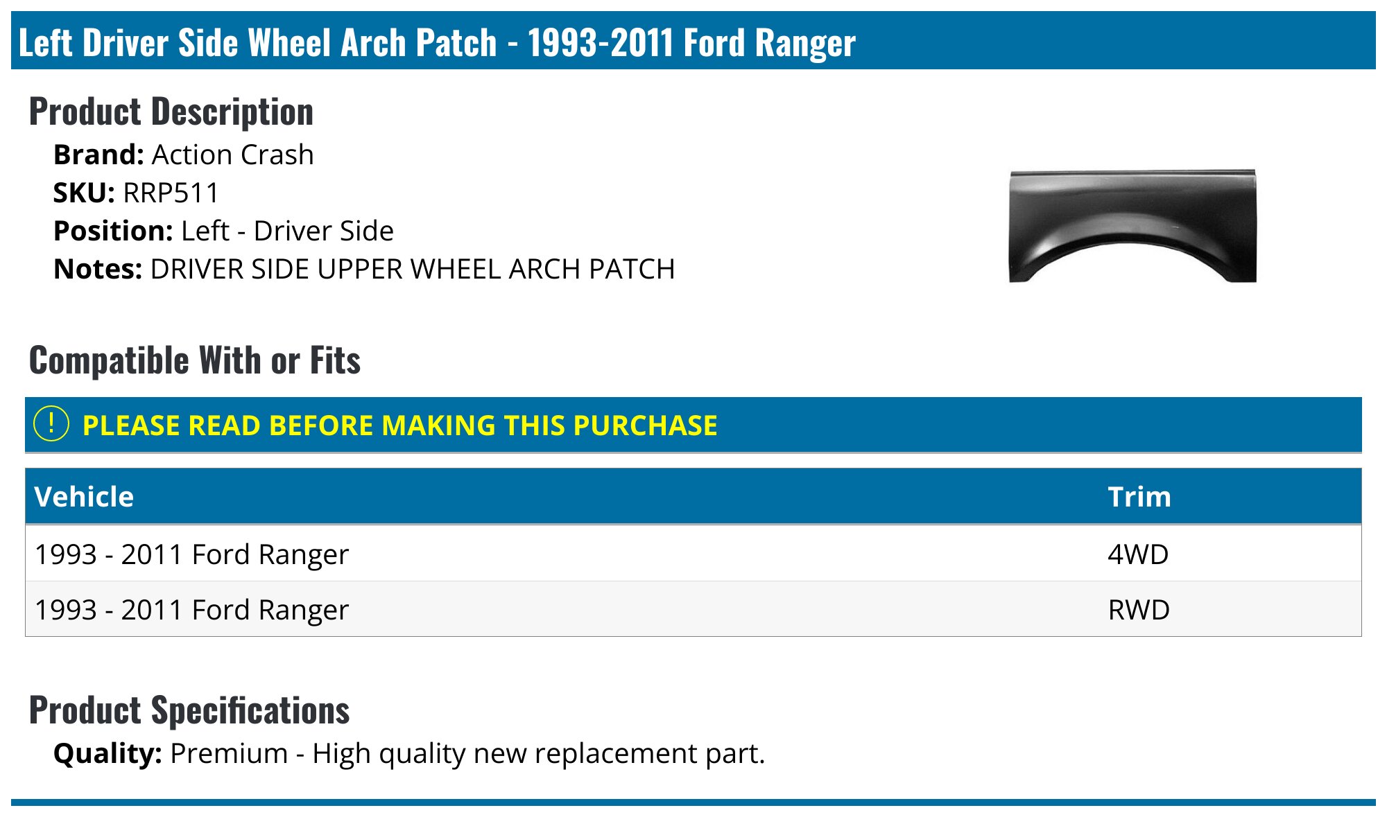 1993-2011 Ford Ranger Wheel Arch Patch - Action Crash RRP511 - Left ...