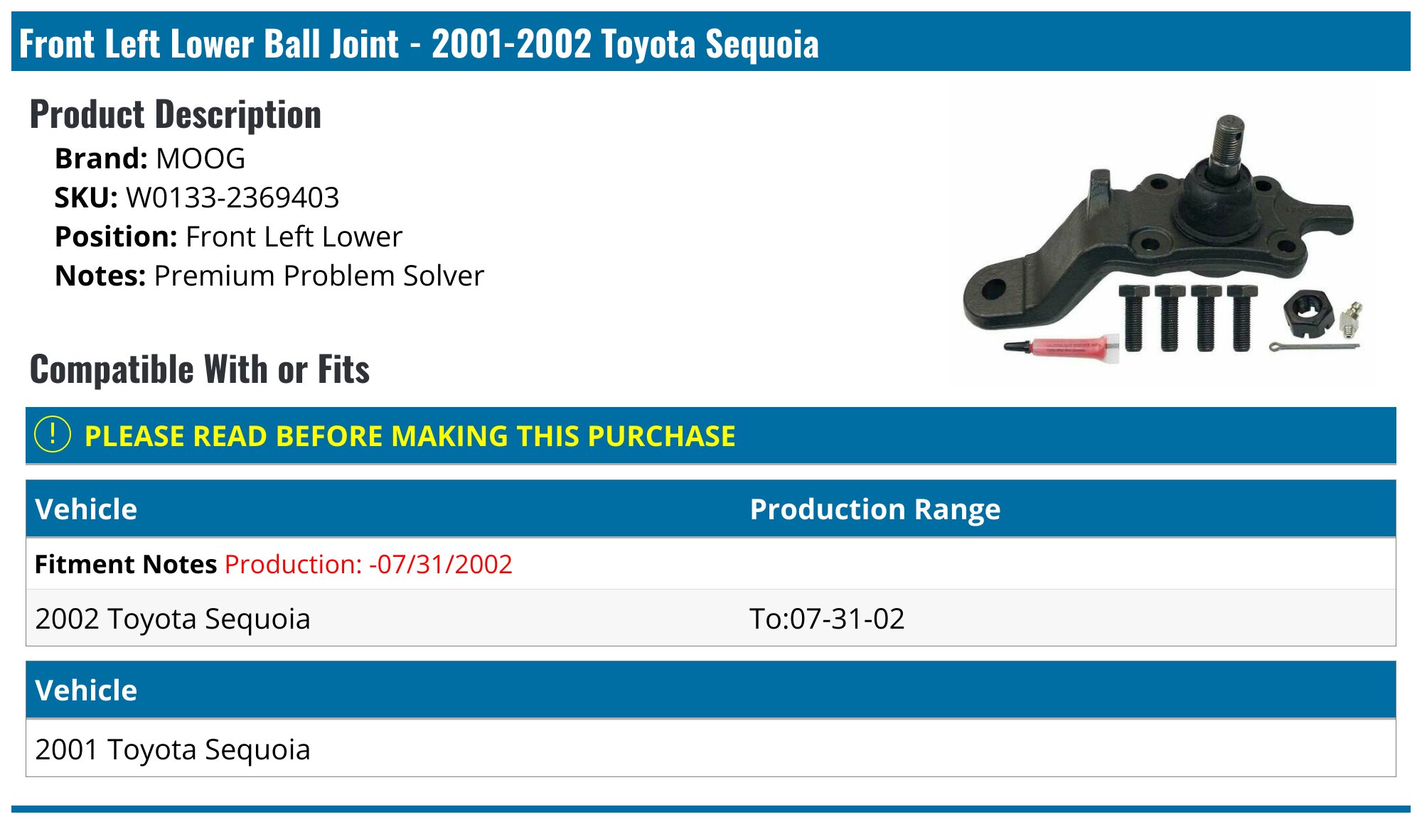 2001-2002 Toyota Sequoia Ball Joint - Moog W0133-2369403 - Front Left ...
