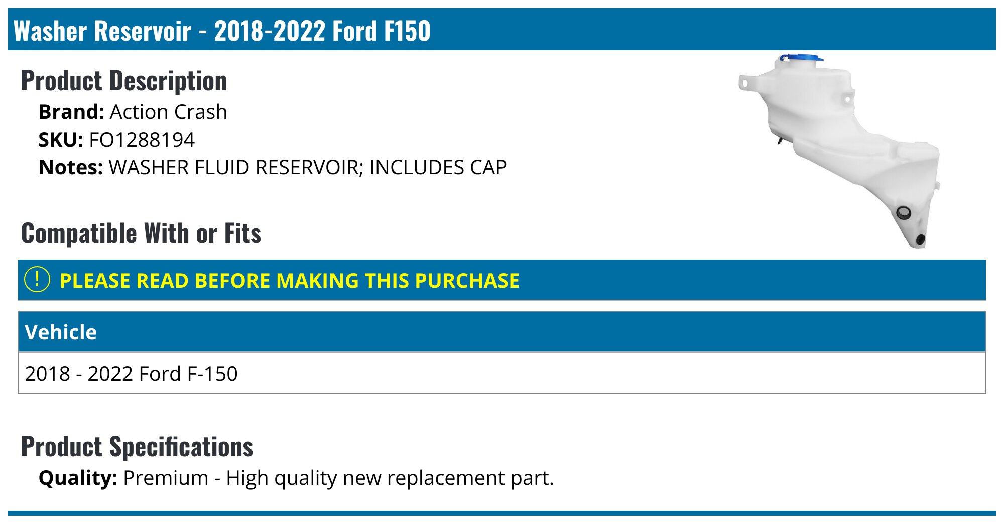2018-2020 Ford F150 Windshield Washer Tank - Action Crash FO1288194 ...