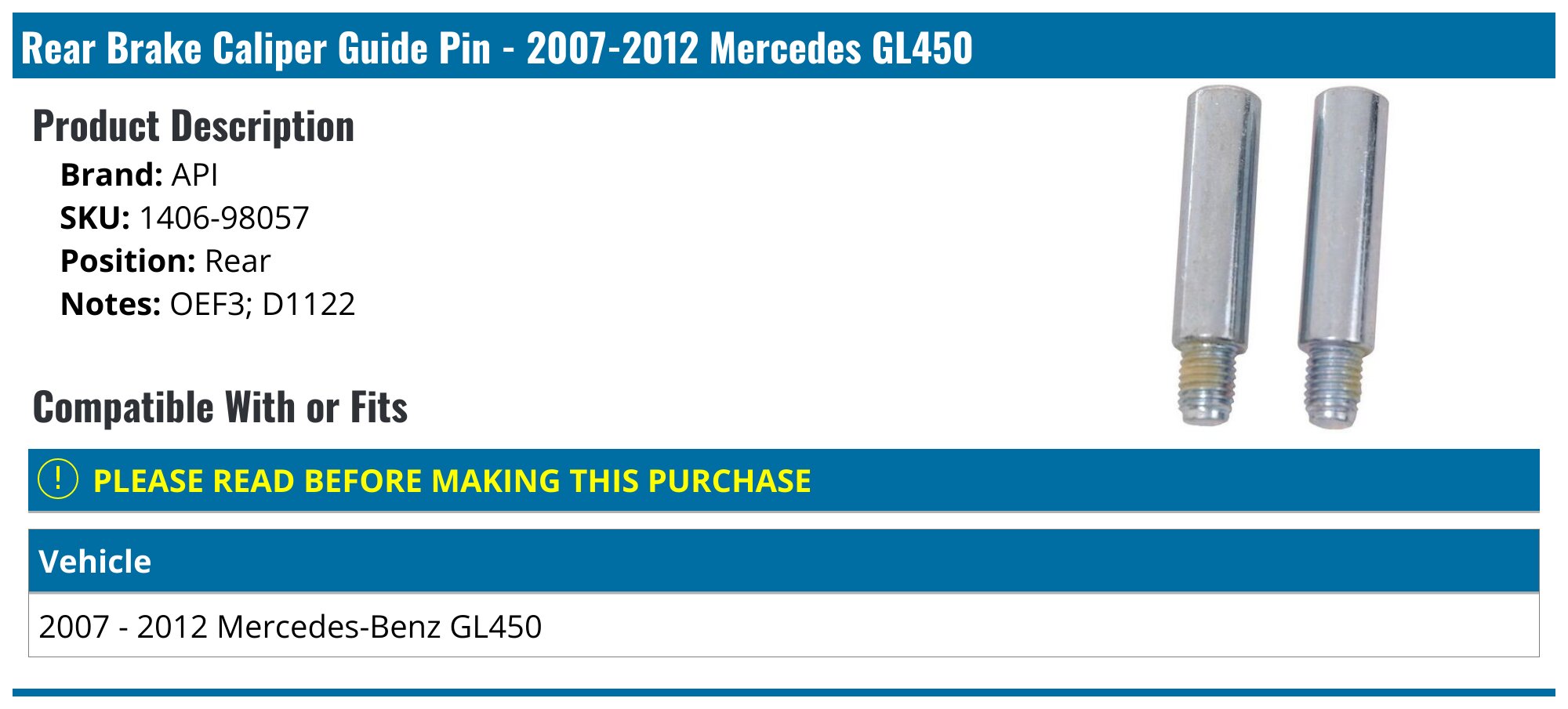 Mb Return Pin 2007-2012 Mercedes GL450 Brake Caliper Guide Pin - API 19123-07419576 ...