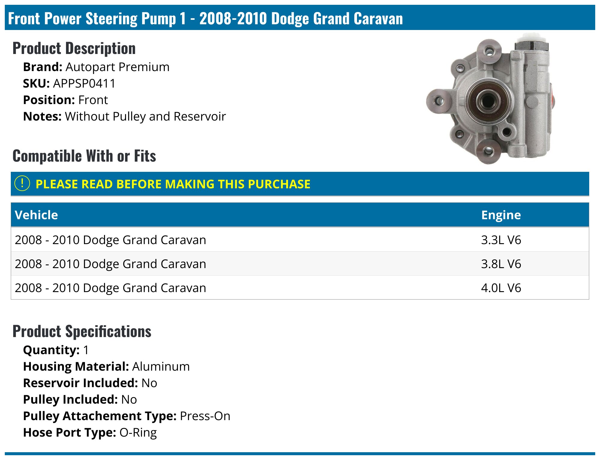 Power Steering Pump With Pulley For 2001-2007 Dodge Caravan & Chrysler Town & Country | New 21-5223