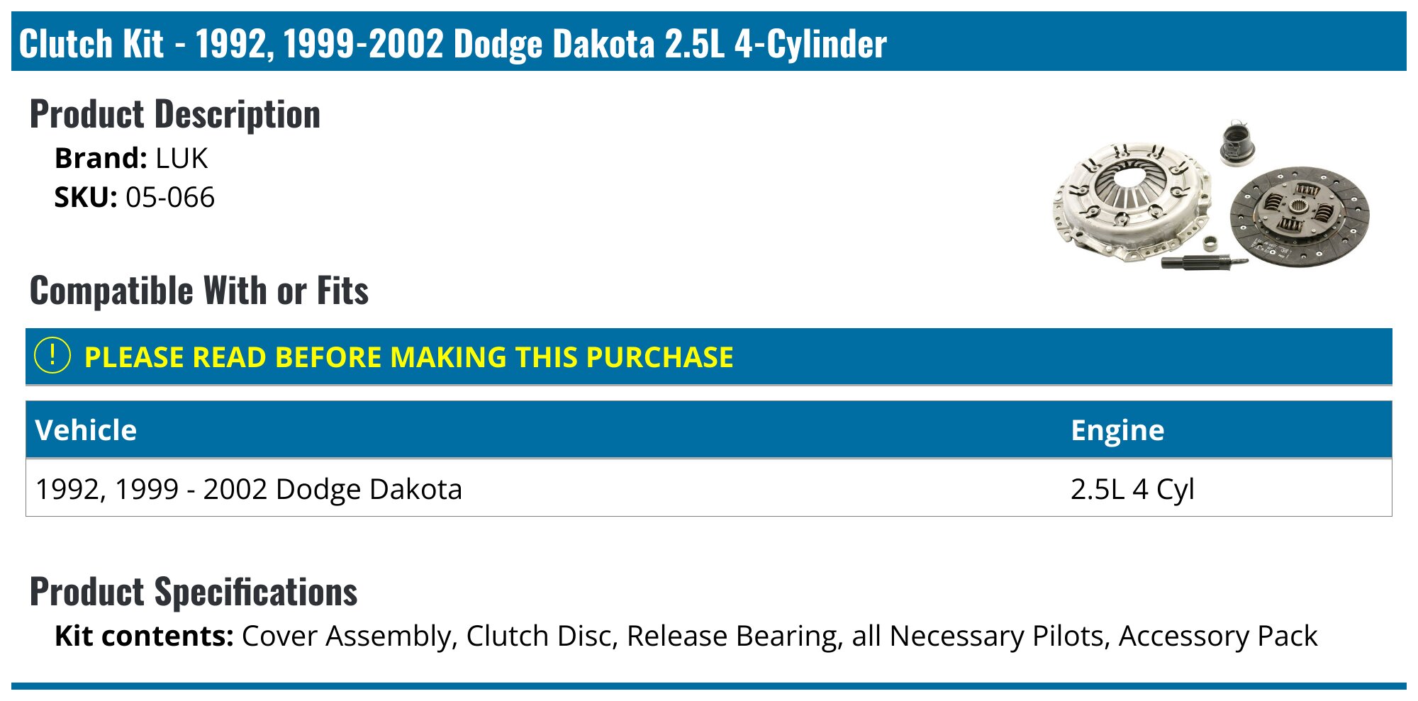 1992, 1999-2002 Dodge Dakota Clutch Kit - LUK 05-066 - PartsGeek.com