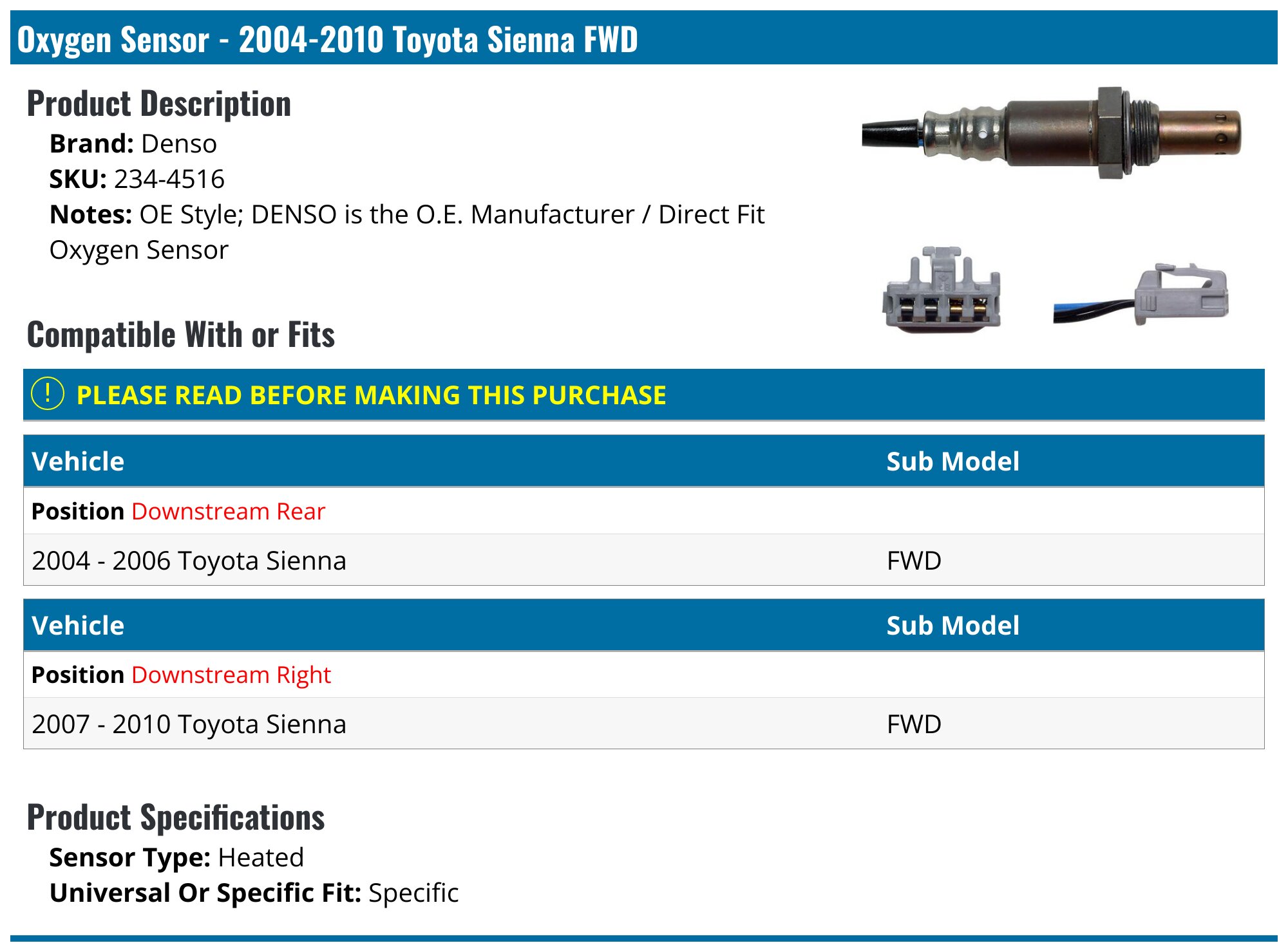 Fevirad Downstream Oxygen Sensor For Toyota Sienna – Bank 1 Sensor 2, Denso 234-4516 Compatible