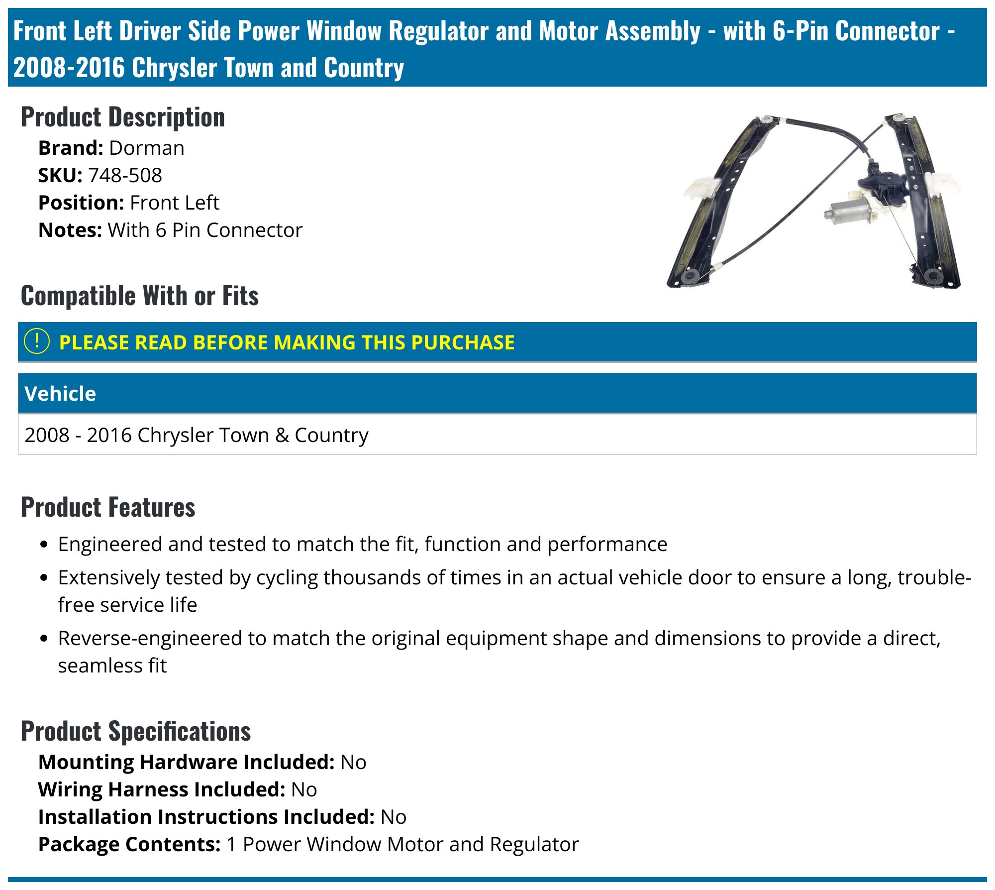 2Pcs Front Window Regulator w/ 6 Pins Motor for Chrysler Town