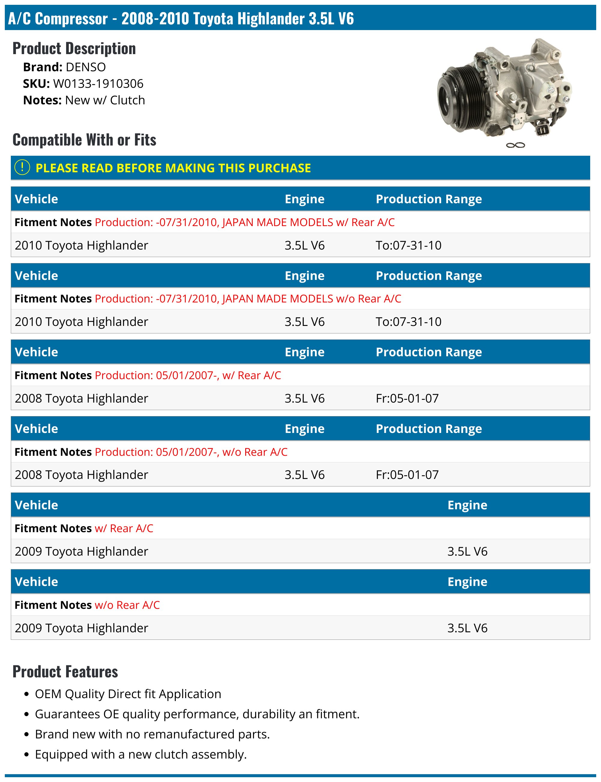2008-2010 Toyota Highlander A/C Compressor - Denso W0133-1910306