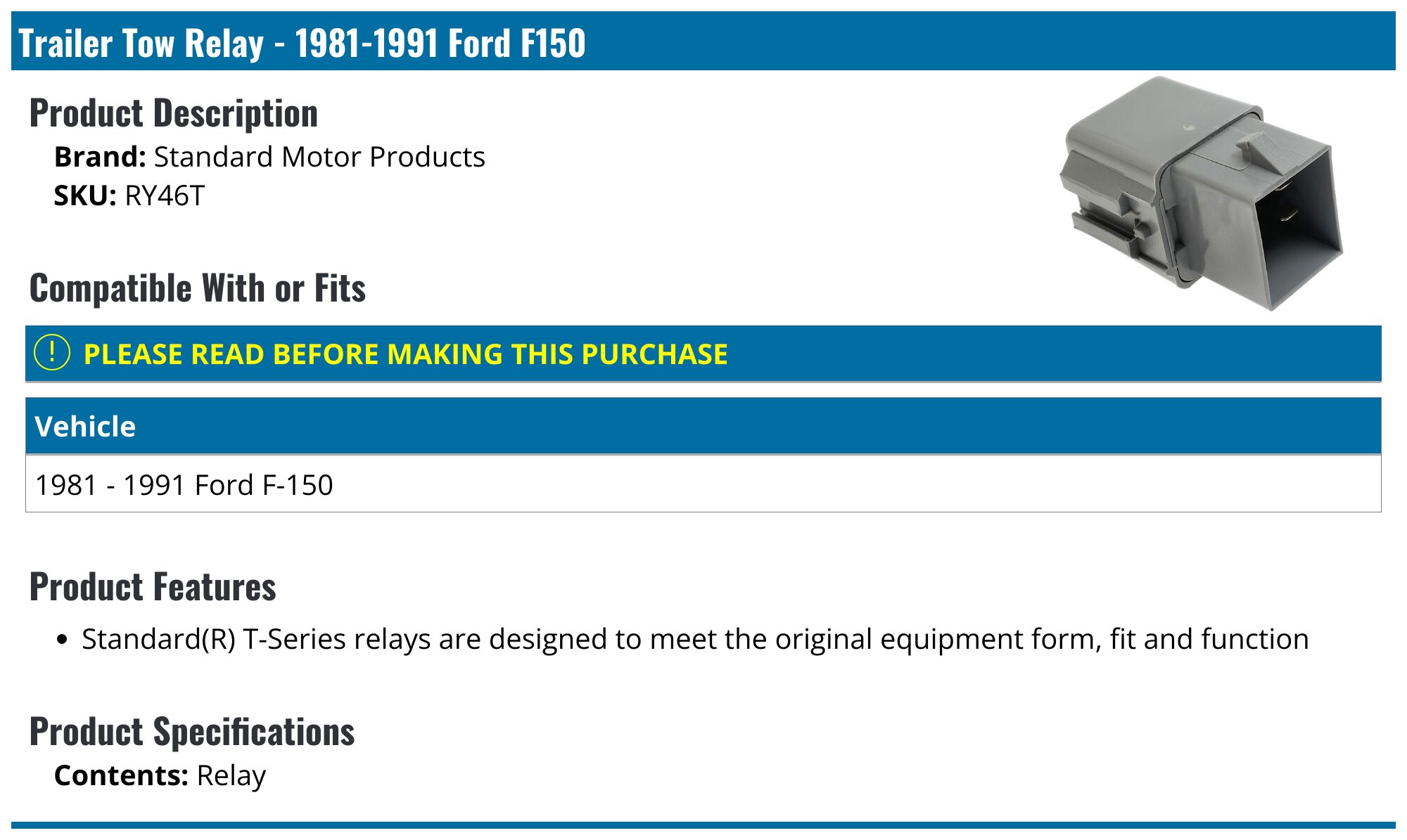 19811991 Ford F150 Trailer Tow Relay Standard Motor Products RY46T