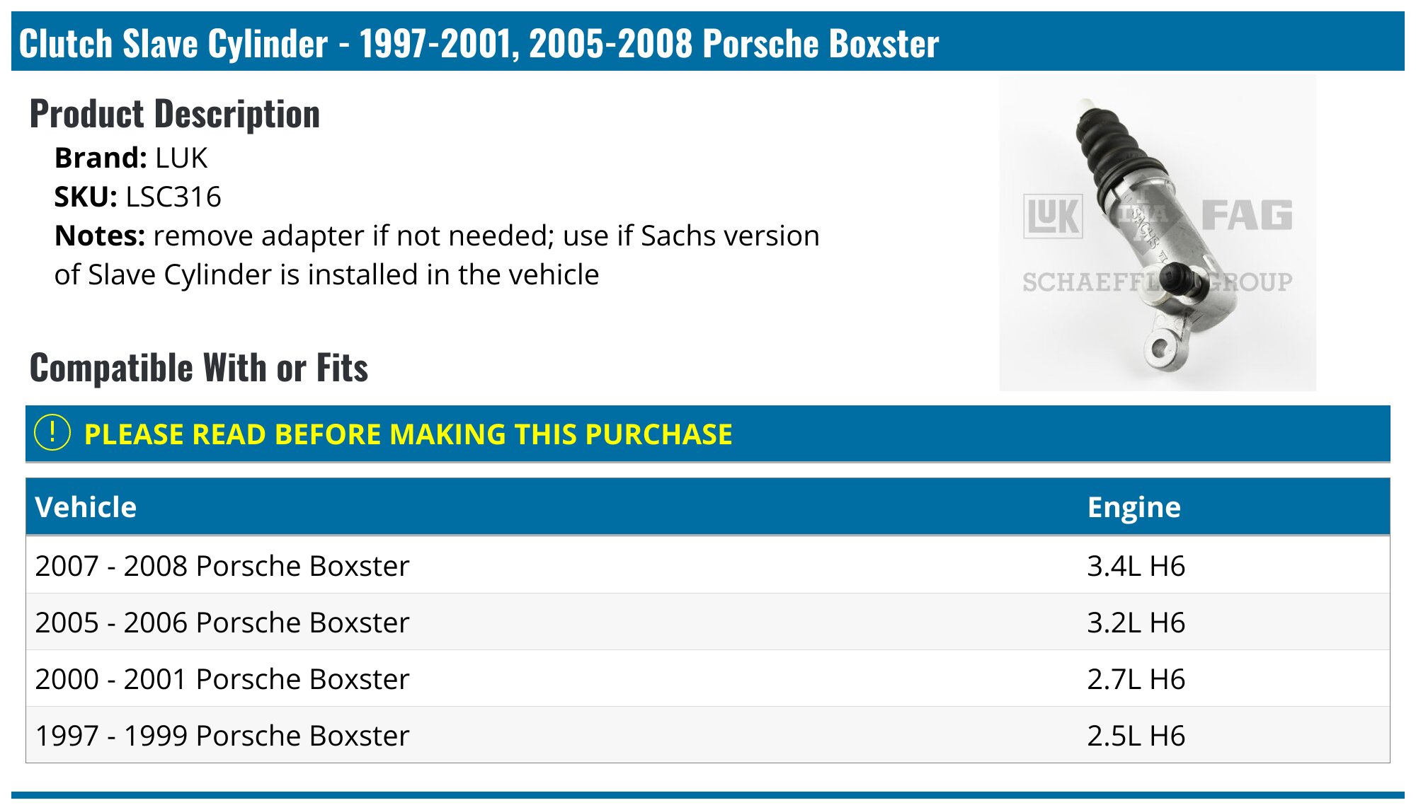 19972001, 20052008 Porsche Boxster Clutch Slave Cylinder LUK LSC316