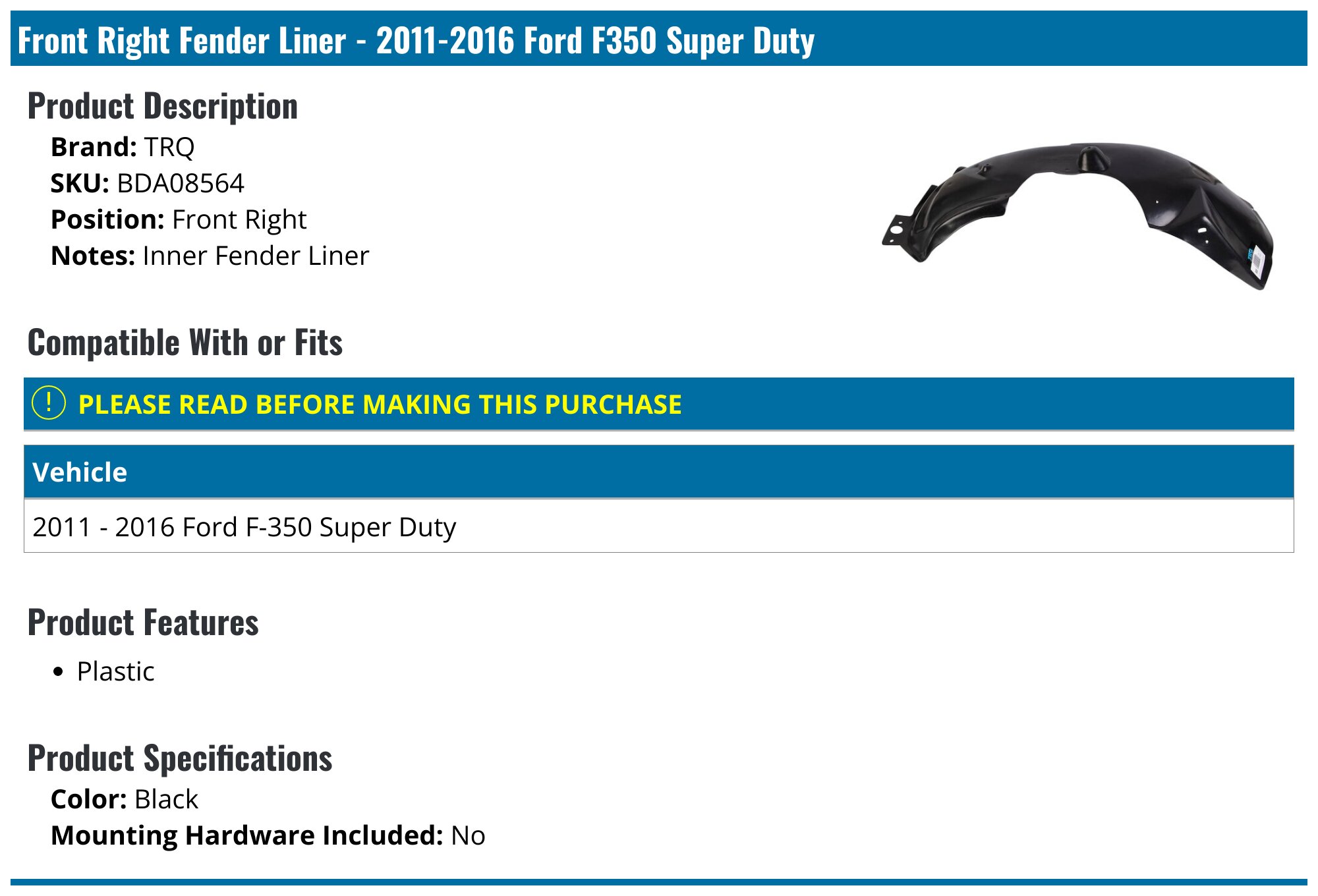 Inner Fender Liners For Ford F-250/F-350 Super Duty 2011-2016 – Front Left & Right, Black Plastic