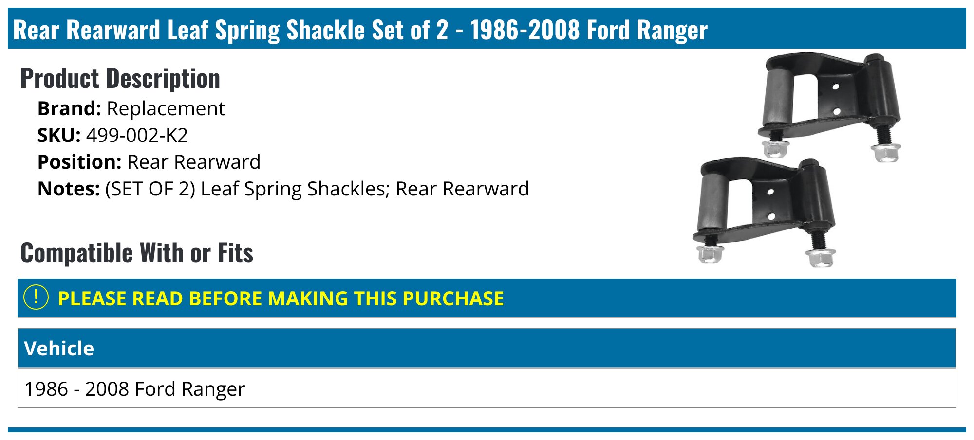 ANTUKO Rear Hanger & Shackle Kit - Ford Ranger 1983-2008 Replacement ANTUKO Rear Hanger & Shackle Kit - Ford Ranger 1983-2008 Replacement