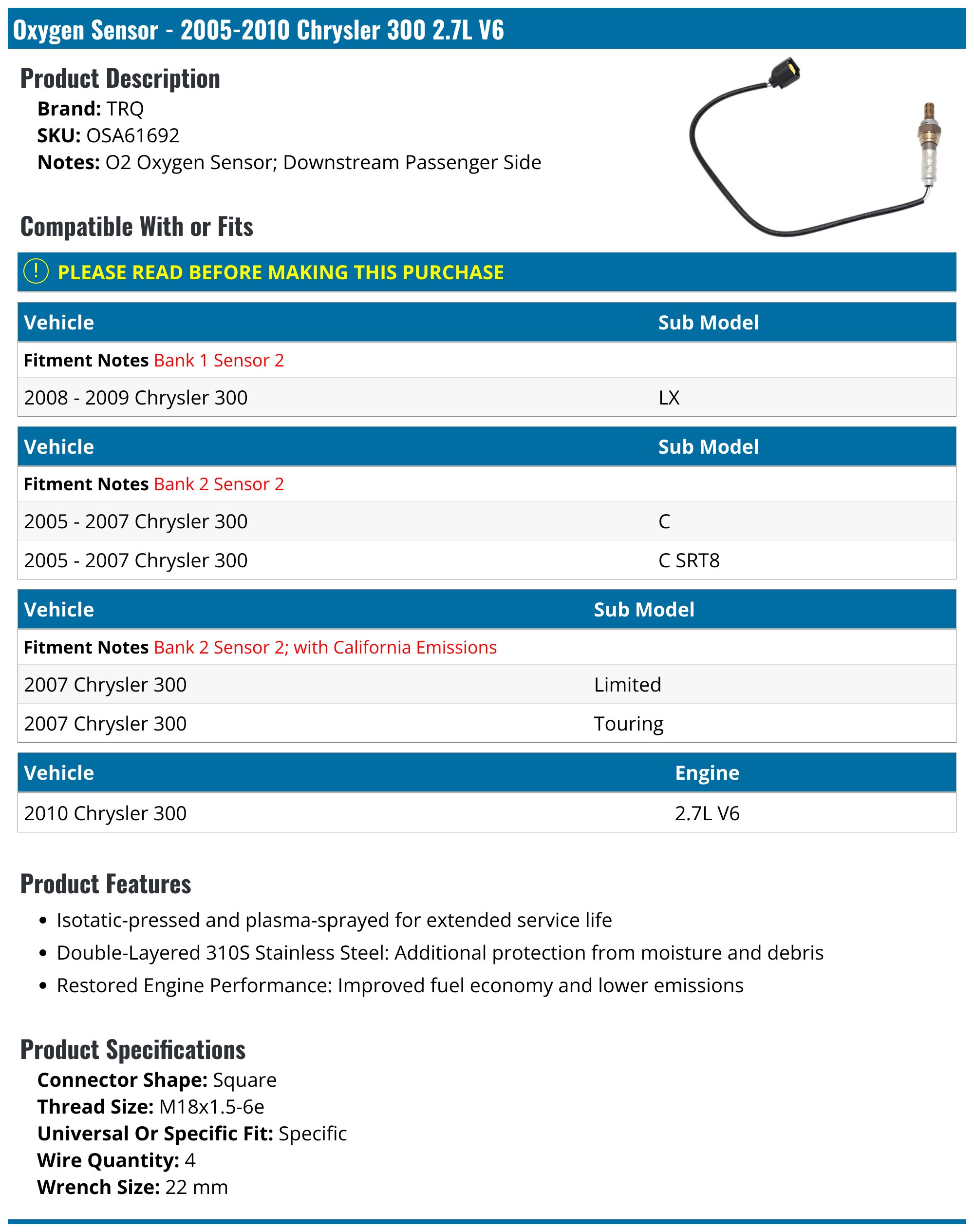 2005-2010 Chrysler 300 Oxygen Sensor - TRQ OSA61692 - Downstream Right ...