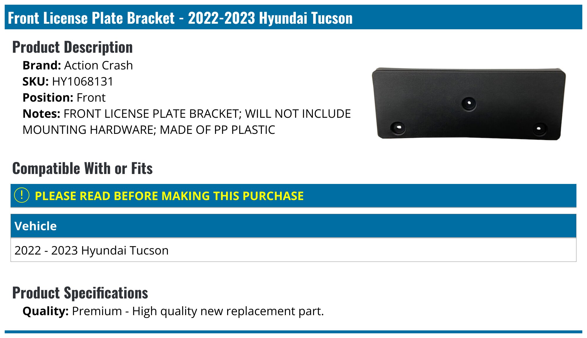 2022-2024 Hyundai Tucson License Plate Bracket - Action Crash HY1068131 ...