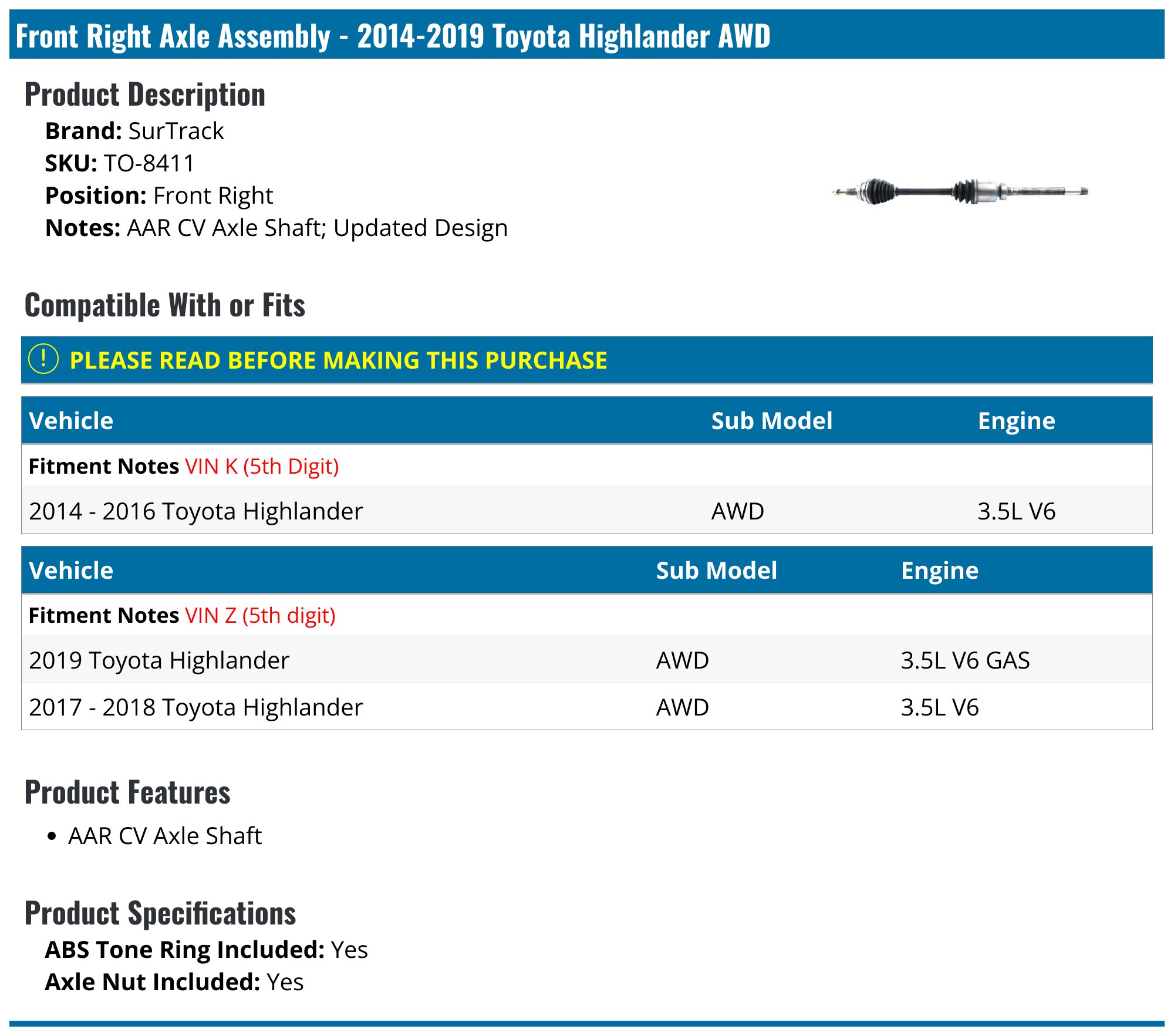 Front Right CV Axle Assembly - Compatible with 2014 - 2018 Toyota Highlander AWD 3.5L V6 GAS 2015 2016 2017