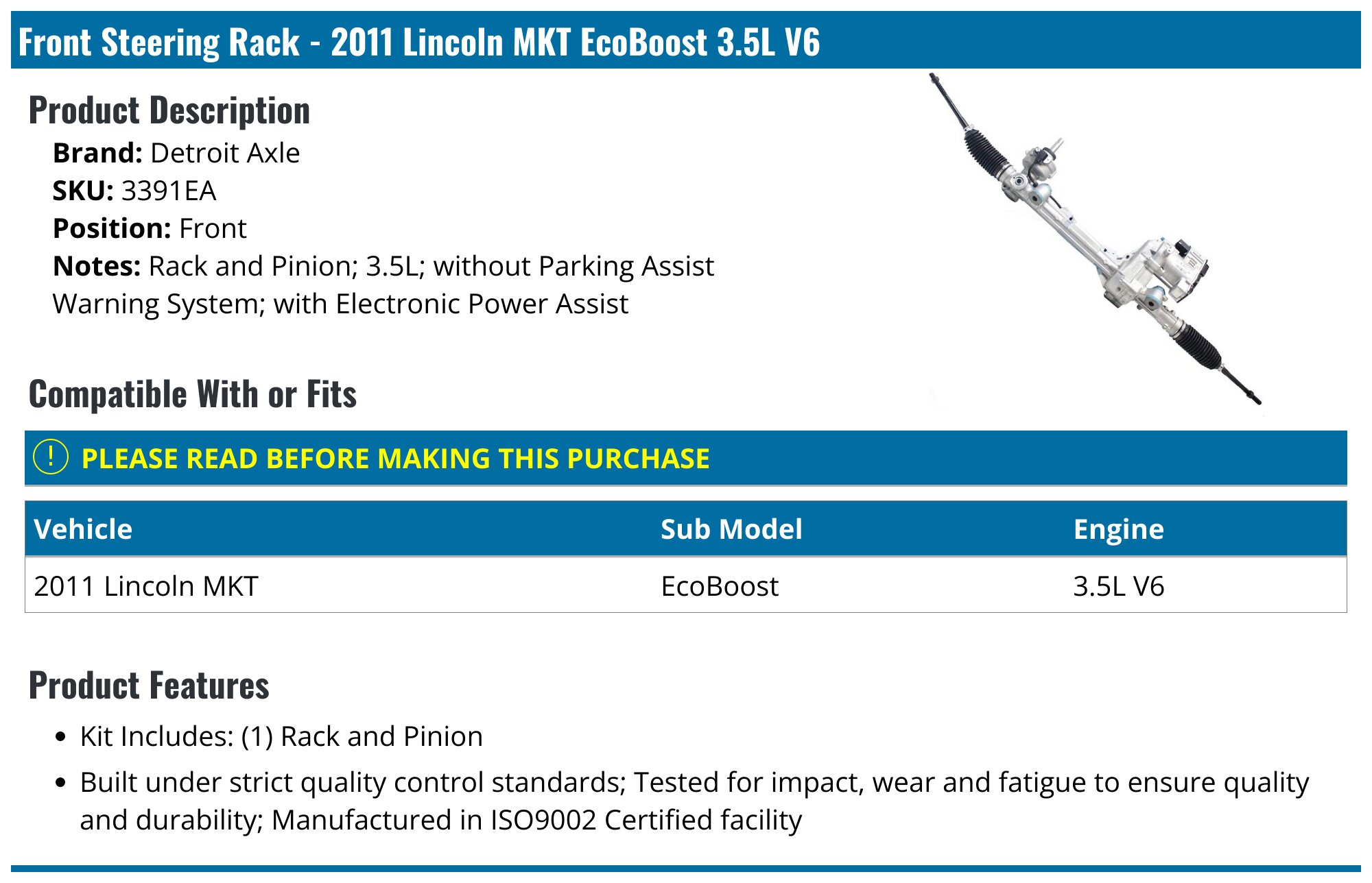 2010-2012 Lincoln MKT Steering Rack - Detroit Axle 3391EA - Front ...