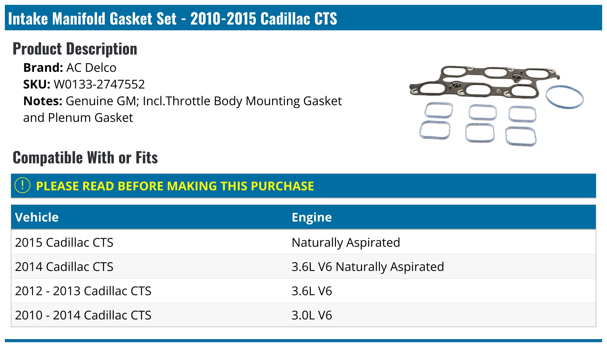 Intake Manifold Gasket Set – Fits Cadillac CTS, Catera & Saab 9000 1995–2004, 3.0L 3.2L, Evan-Fischer