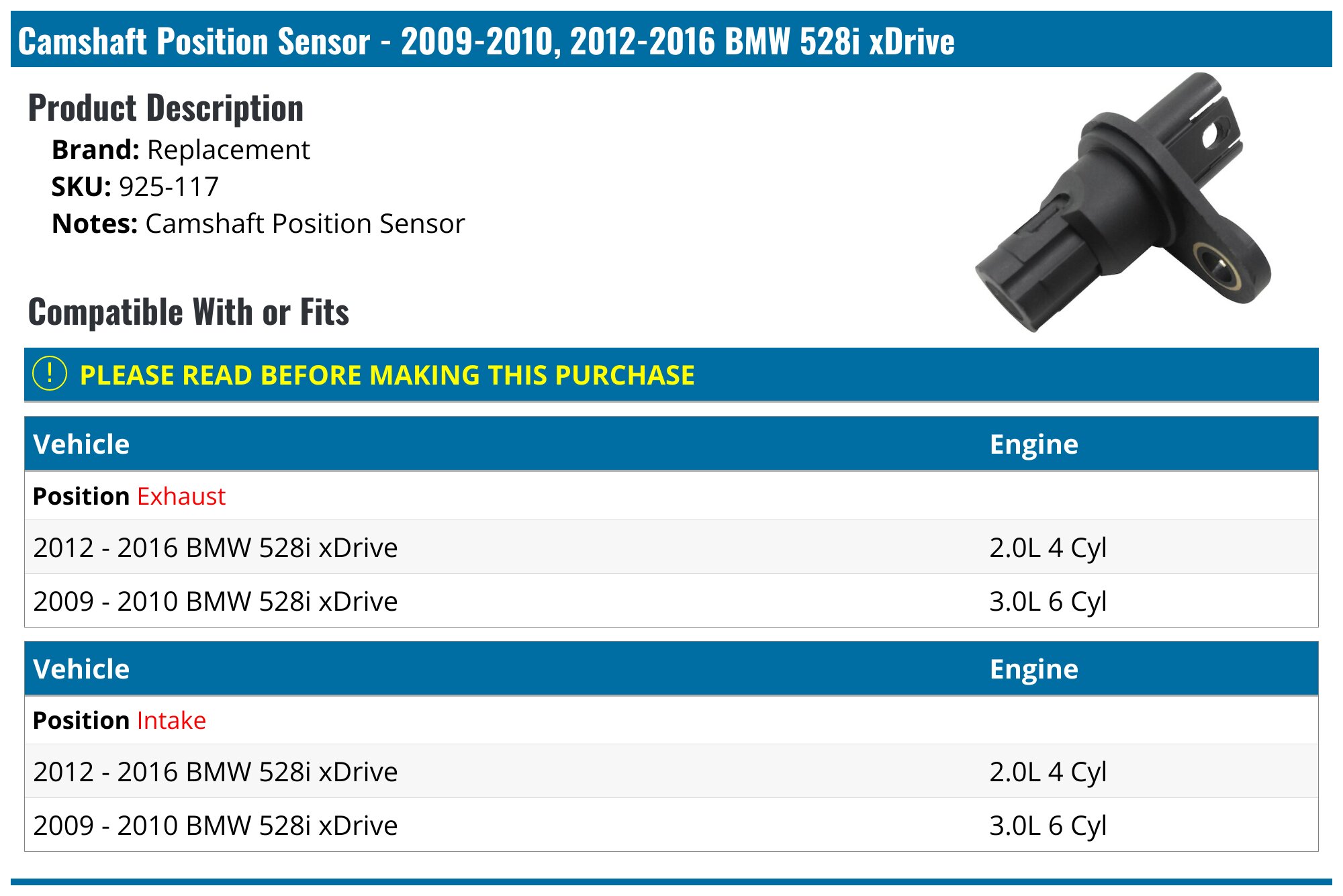 2009-2010, 2012-2016 BMW 528i xDrive Camshaft Position Sensor ...