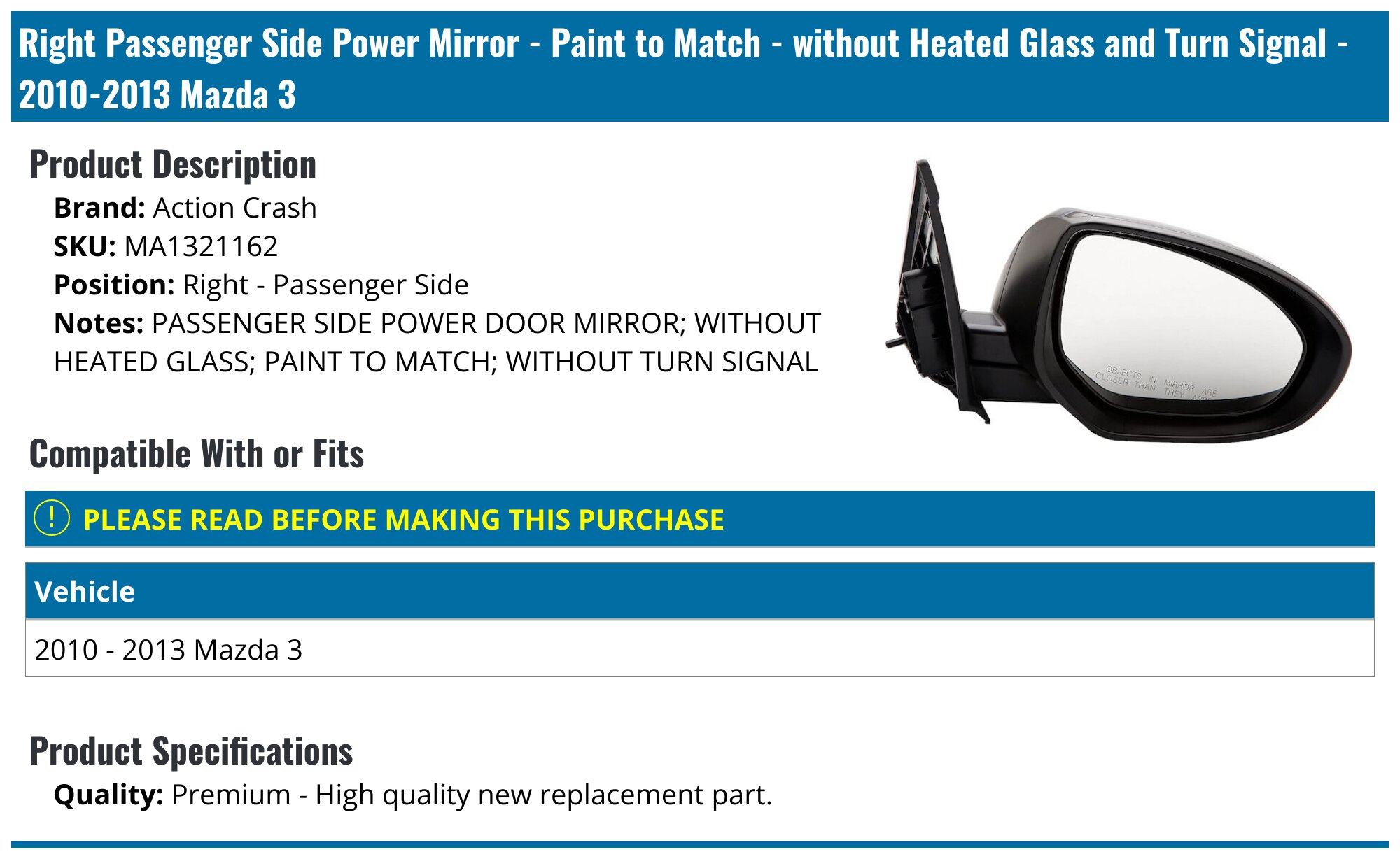 OEM Mazda Side View Mirror Housing Covers – 2010-2013 Mazda 3 – Left & Right – Black (No Turn Signal)