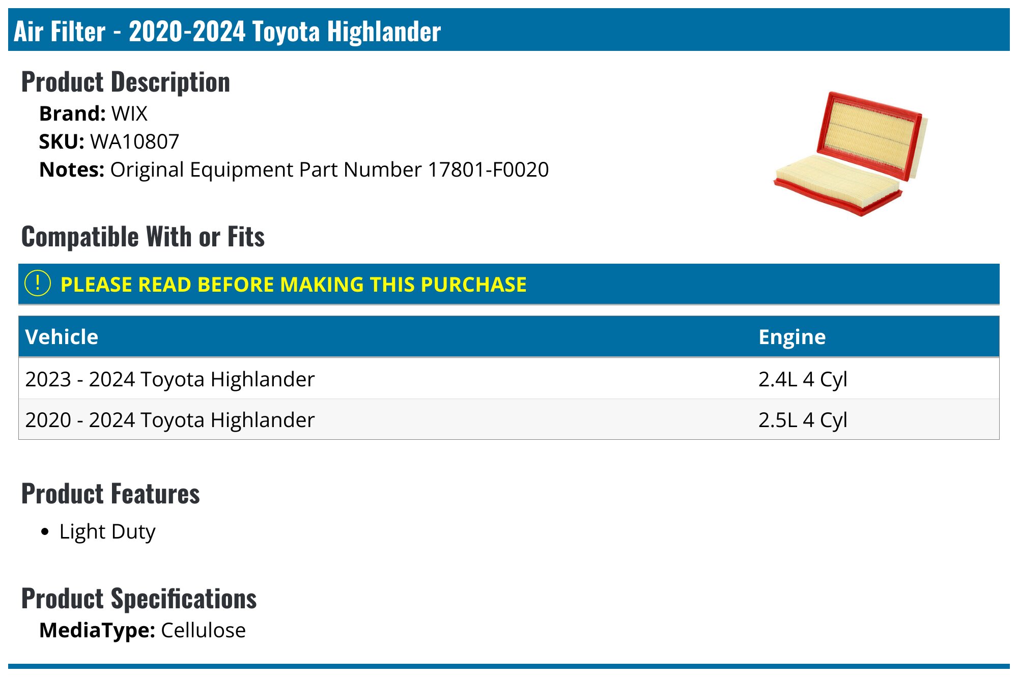 2020-2024 Toyota Highlander HV Battery Cooling Air Intake Filters | Set