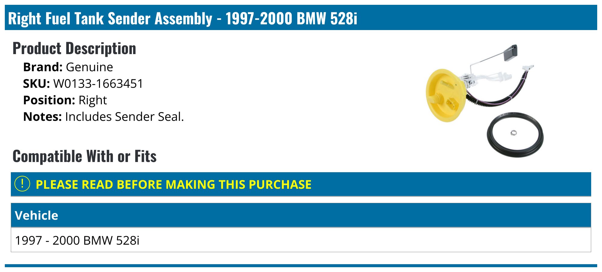 1997-2000 BMW 528i Fuel Tank Sending Unit - Genuine W0133-1663451