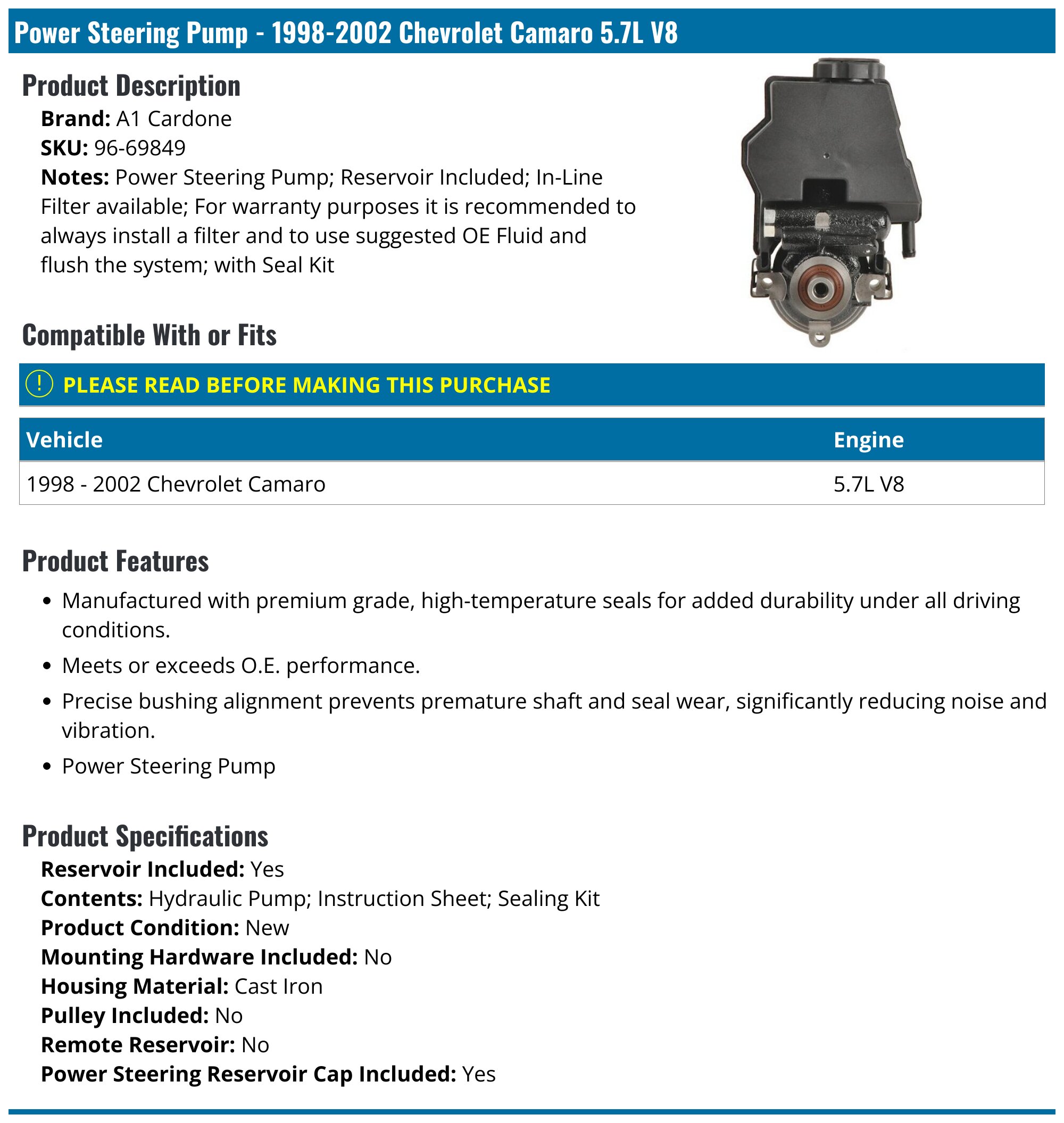New Power Steering Reservoir For 1998-2002 Camaro/Firebird LS1 5.7L V8 - OEM Replacement 26068934, 1 Year Warranty 3 thumbnail image