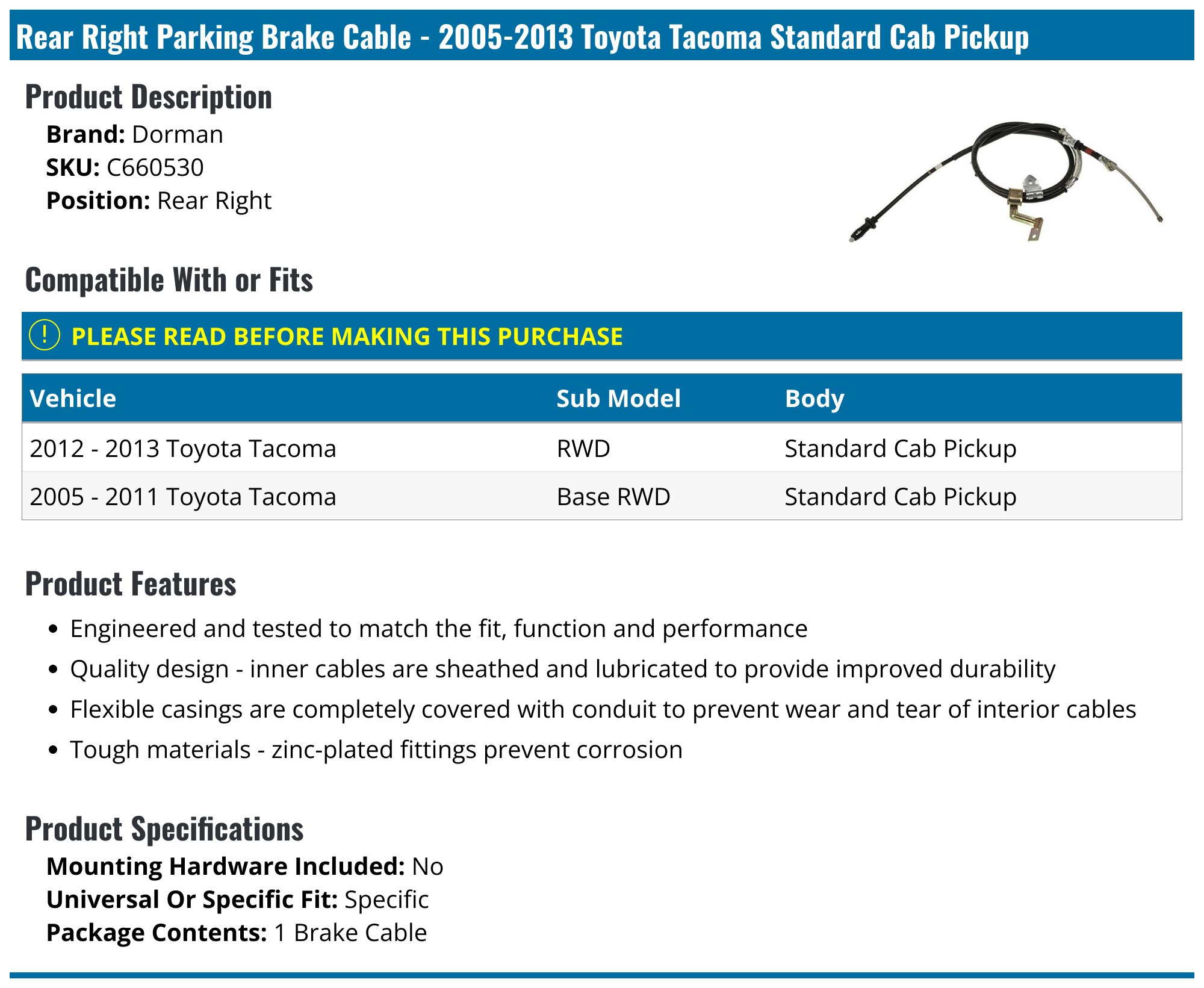 Dorman/First Stop Parking Brake Cable - Rear Left For Toyota Tacoma 2005-2013