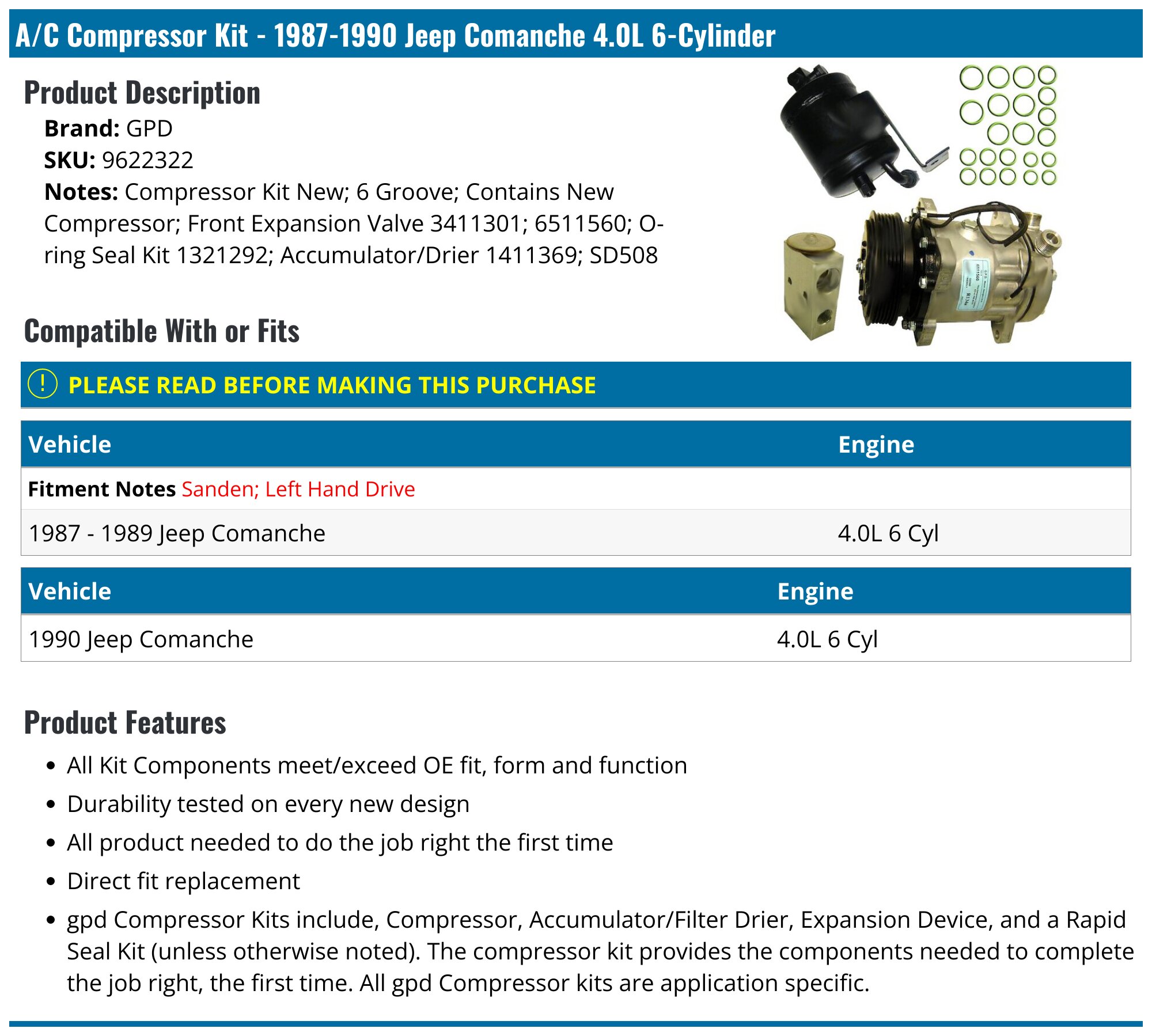 1987-1990 Jeep Comanche A/C Compressor - GPD 9622322 - PartsGeek.com